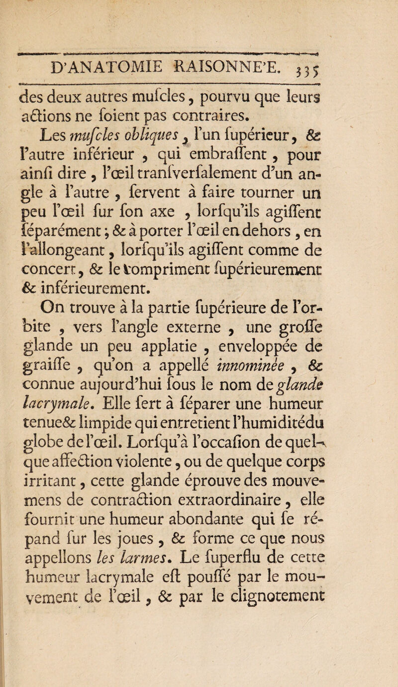des deux autres mufcles, pourvu que leurs avions ne foient pas contraires. Les tnufcles obliques ^ Fun fupérieur, 8c l’autre inférieur , qui embraffent, pour ainfi dire , l’œil tranfverfalement d’un an¬ gle à l’autre , fervent à faire tourner un peu l’œil fur fon axe , lorfqu’ils agiffent fëparément ; & à porter l’œil en dehors , en Fallongeant, lorfqu’ils agiffent comme de concert, 8c le Compriment fupérieurement êc inférieurement. On trouve à la partie fupérieure de For- bite , vers l’angle externe , une groffe glande un peu applatie , enveloppée de graiffe , qu’on a appellé innommée , 8c connue aujourd’hui fous le nom de glande lacrymale. Elle fert à féparer une humeur tenue& limpide qui entretient l’humiditédu globe del’œil. Lorfqu’à Foccafion de quel¬ que adeétion violente 5 ou de quelque corps irritant, cette glande éprouve des mouve- mens de contraâion extraordinaire , elle fournit une humeur abondante qui fe ré¬ pand fur les joues , & forme ce que nous appelions les larmes. Le fuperflu de cette humeur lacrymale efl pouffé par le mou¬ vement de Fœil, & par le clignotement