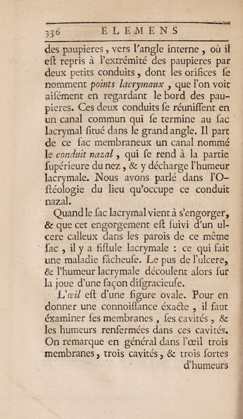des paupières, vers l'angle interne ? où il efl: repris à Fextrémité des paupières par deux petits conduits ? dont les orifices fe nomment points lacrymaux y que F on voit aifément en regardant le bord des pau¬ pières. Ces deux conduits fe réunifient en un canal commun qui fe termine au fac lacrymal fitué dans le grand angle. Il part de ce fac membraneux un canal nommé le cojtduit na&al ? qui fe rend à la partie fupérieure du nez, 8c y décharge l’humeur lacrymale. Nous avons parlé dans l’O- iléologie du lieu qu’occupe ce conduit nazal. Quand le fac lacrymal vient à s'engorger9 & que cet engorgement efl fuivi d’un ul¬ céré calleux dans les parois de ce même ' fac 9 il y a fiftule lacrymale : ce qui fait une maladie fâcheufe. Le pus de Fulcere, & l’humeur lacrymale découlent alors fut la joue d’une façon difgracieufe. JJ œil efl; d’une figure ovale. Pour en donner une connoiflance éxaêie ? il faut éxaminer fes membranes , fes cavités 3 & les humeurs renfermées dans ces cavités. On remarque en général dans l’œil trois membranes, trois cavités ? & trois fortes d’humeurs