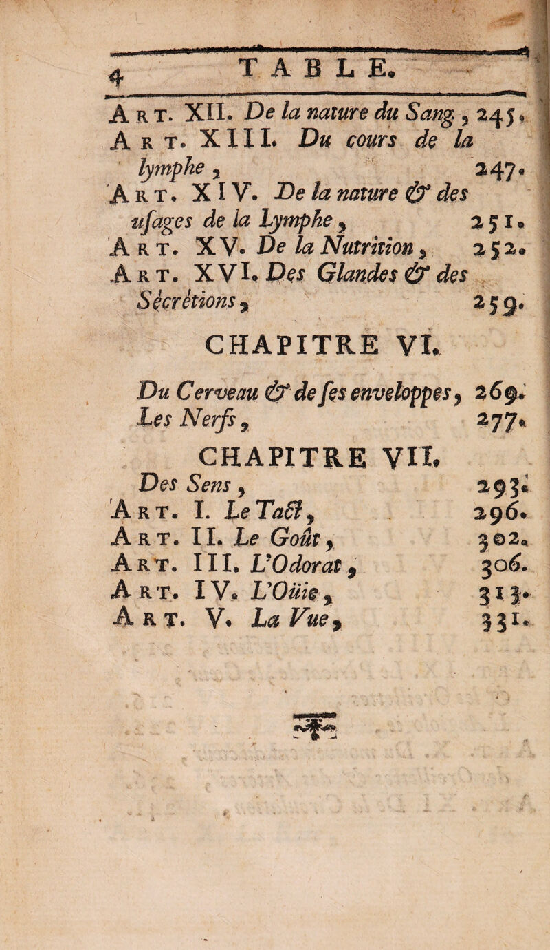 Art. XII. De la nature du Sang., 24 j. A r t. X111. Du cours de la lymphe, 247. Art. XIV. Delà nature & des tifages de la Lymphe, 251. Art. XV« De la Nutrition, 252. Art. X VI, Des Glandes & des Sécrétions, 25 g. CHAPITRE VI. Du Cerveau & de [es enveloppes, 269. Les Nerfs, 277* CHAPITRE VU. Des Sens y 2 9 3* Art. I. LeTaSly 296. Art. II. Le Goût, 302» Art. III. L’Odorat, 306. Art. IV, L'Ouïe% 313. Art. V. La Vue 9 331. f