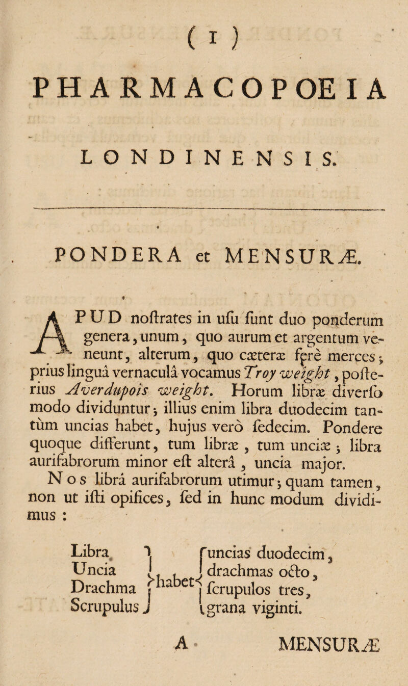 LONDINENSIS. PONDERA ec MENSURA. APUD noflrates in ufu funt duo ponderum genera, unum, quo aurum et argentum ve- - neunt, alterum, quo extera fpre merces prius lingua vernacula vocamus Troy weight, polle- rius Averdupois weight. Horum libra diverfo modo dividuntur; illius enim libra duodecim tan¬ tum uncias habet, hujus vero fedecim. Pondere quoque differunt, tum librae , tum uncia: j libra aurifabrorum minor eft altera , uncia major. Nos libra aurifabrorum utimur; quam tamen, non ut ifti opifices, fed in hunc modum dividi¬ mus : Libra. 1 funcias duodecim, Uncia J, , J drachmas odio, Drachma fliabct1 fcrupulos tres. Scrupulus j i grana viginti. A MENSURA