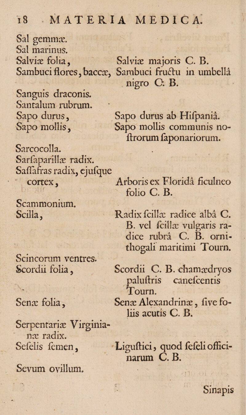 2 Sal gemmar. Sal marinus. Salviae folia, Salviae majoris C. B. Sambuci flores, baccae, Sambuci fruftu in umbella nigro O. B. Sanguis draconis. Santalum rubrum. Sapo durus. Sapo mollis, Sarcocolla. Sarfaparillae radix. Safiafras radix, ejufque cortex, Ii» * ^ Scammonium. Scilla, Scincorum ventres. Scordii folia, Sena! folia, Serpentariae Virginia- nx radix. Sefelis femen, Sevum ovillum. Sapo durus ab Hifpania. Sapo mollis communis no- ftrorum faponariorum. Arboris ex Florida ficulneo folio C. B. Radix fcillae radice alba C. B. vel fcillae vulgaris ra¬ dice rubra C. B. orni- thogali maritimi Tourn. Scordii C. B. chamaedryos paluftris canefcentis Tourn. Senae Alexandrinae, five fo¬ liis acutis C. B. Liguftici 5 quod fefeli offici¬ narum C. B. Sinapis