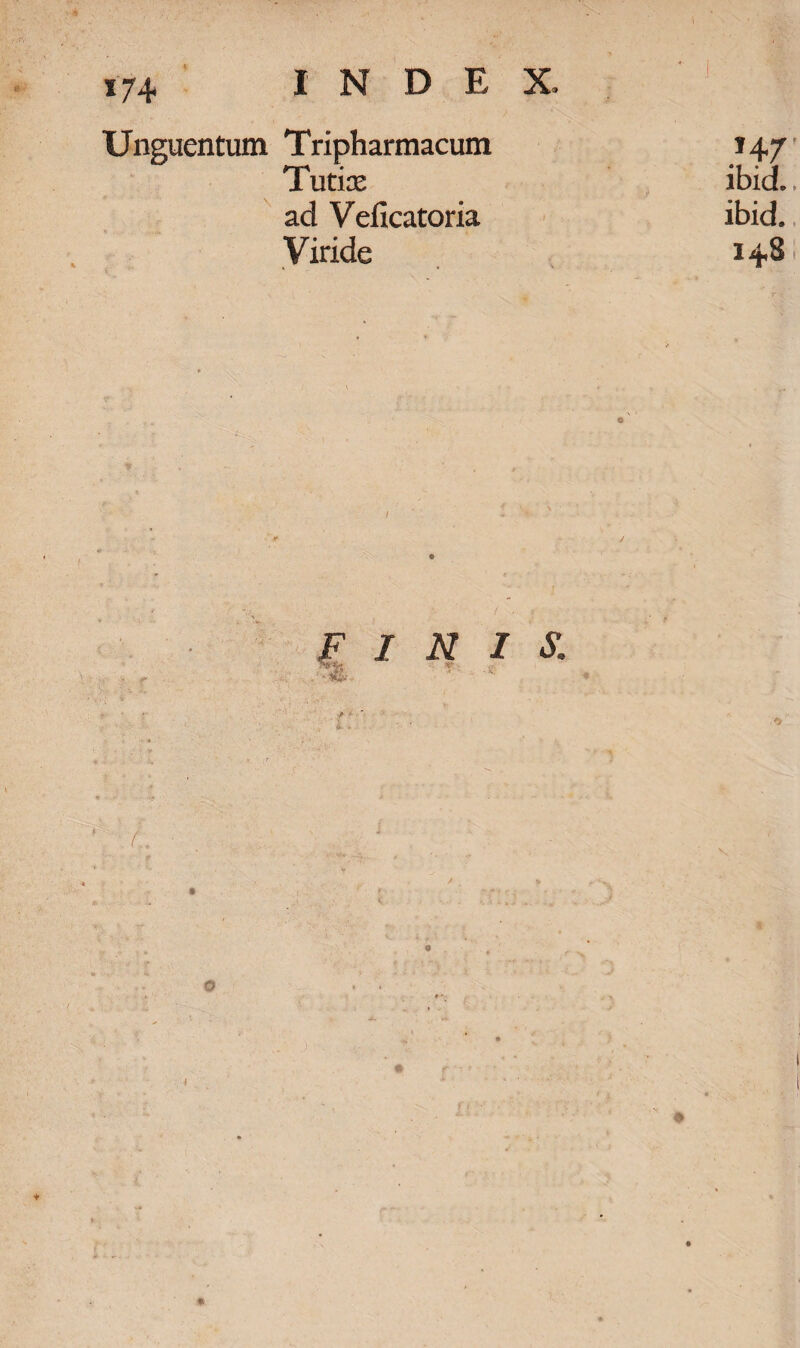 Unguentum Tripharmacum »47 Tutix ibid.. ad Veficatoria ibid. Viride 148 i ¥ ;? f FINIS. *