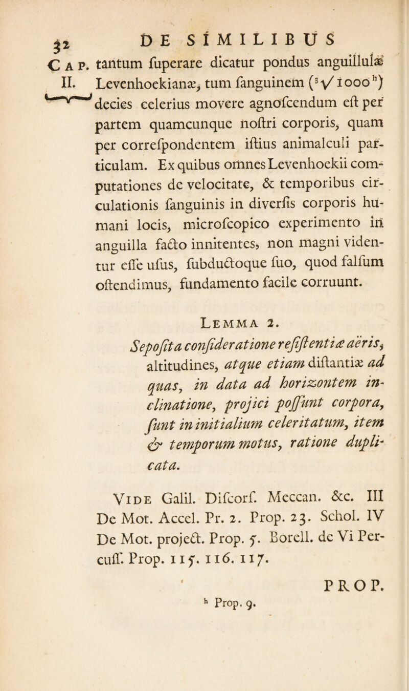 C a P. tantum fuperare dicatur pondus anguillulai II. Levenhoekianse, tum fanguinem (3 \/i oooh) decies celerius movere agnofeendum eftper partem quamcunque noftri corporis, quam per correfpondentem iftius animalculi par¬ ticulam. Ex quibus omnes Levenhoekii com¬ putationes de velocitate, & temporibus cir¬ culationis fanguinis in diverfis corporis hu¬ mani locis, microfcopico experimento iil anguilla fado innitentes, non magni viden¬ tur e fle ullis, fubduftoque fuo, quod falfum oftendimus, fundamento facile corruunt. Lemma 2. Sepofita confideratione refijlenti# aeris > altitudines, atque etiam diflantix ad quas, in data ad horizontem in¬ clinatione, projici pojjunt corpora,, funt in initialium celeritatum,, item & temporum motus, ratione dupli¬ cata. Vide Galil. Difcorf. Meccan. &c. III De Mot. Accel. Pr. 2. Prop. 23. Schol. IV De Mot. projeft. Prop. 7. Borell. de Vi Per- cuflT. Prop. 11 f. 116. 117. PROP.