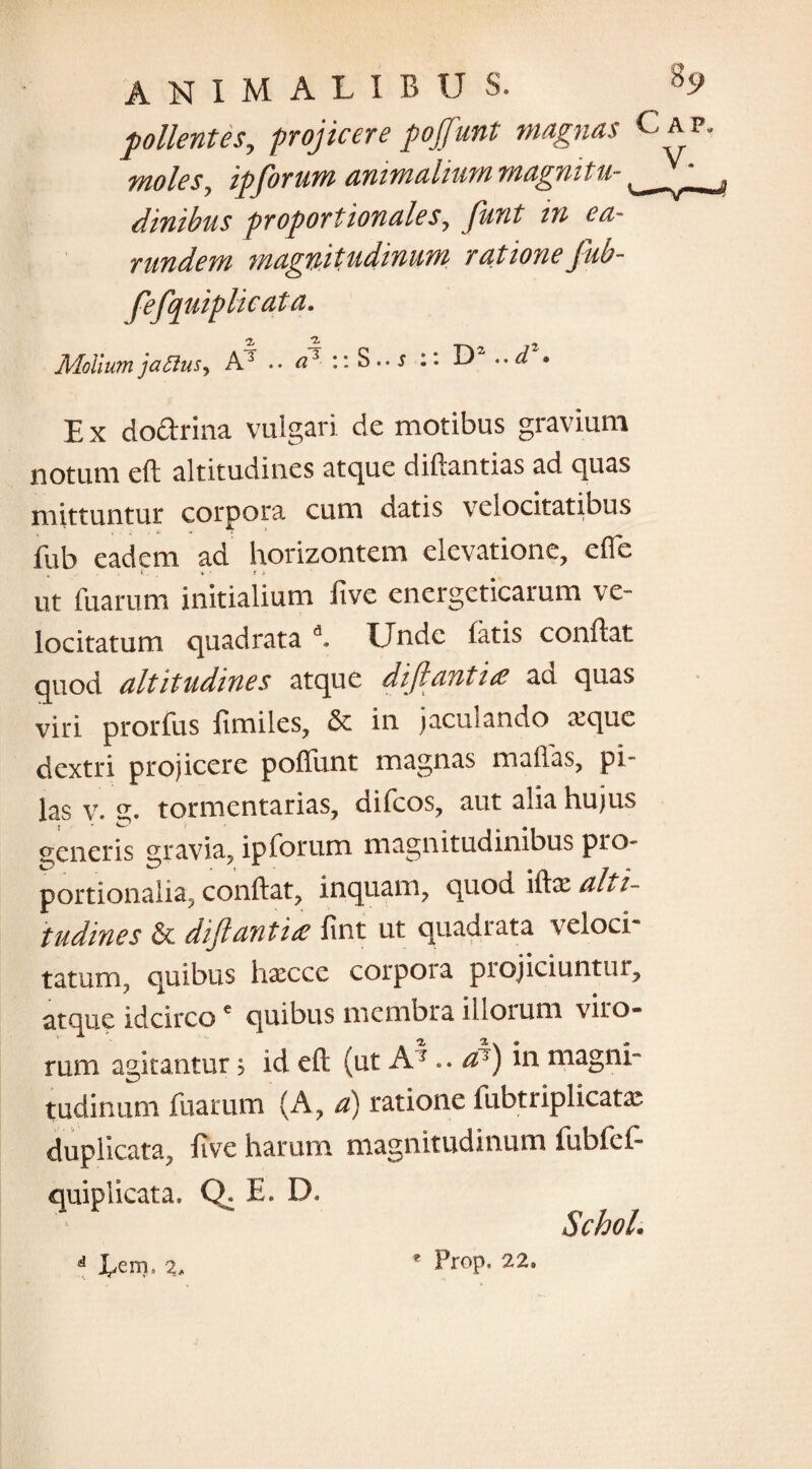 -pollentes, projicere pojjunt magnas moles, ipforum animalium magnitu¬ dinibus proportionales, funt in ea- rundem magnitudinum rationefub- fefquiplicata. Molium jatlus. A3 a' E x do&rina vulgari de motibus gravium notum e(l altitudines atque diftantias ad quas mittuntur corpora cum datis velocitatibus fub eadem ad horizontem elevatione, efle V. V ■ fi ut fuarum initialium ftve energeticarum ve¬ locitatum quadrata d. Unde latis conflat quod altitudines atque di flant i a? ad quas viri prorfus fimiles, & in jaculando a^que dextri projicere pofTunt magnas mafTas, pi¬ las v. g. tormentarias, aifeos, aut alia hujus generis gravia, ipforum magnitudinibus pro¬ portionalia, conflat, inquam, quod iftae alti¬ tudines & di Jiant'ue fint ut quadrata veloci¬ tatum, quibus hxcce corpoia piojiciunttu, atque idcircoe quibus membra illorum viro¬ rum agitantur; id eft (ut A?.. a3) in magni¬ tudinum fuarum (A, a) ratione fubtriplicata^ duplicata, five harum magnitudinum fubfef- quiplicata» Q. E. D, Schol.