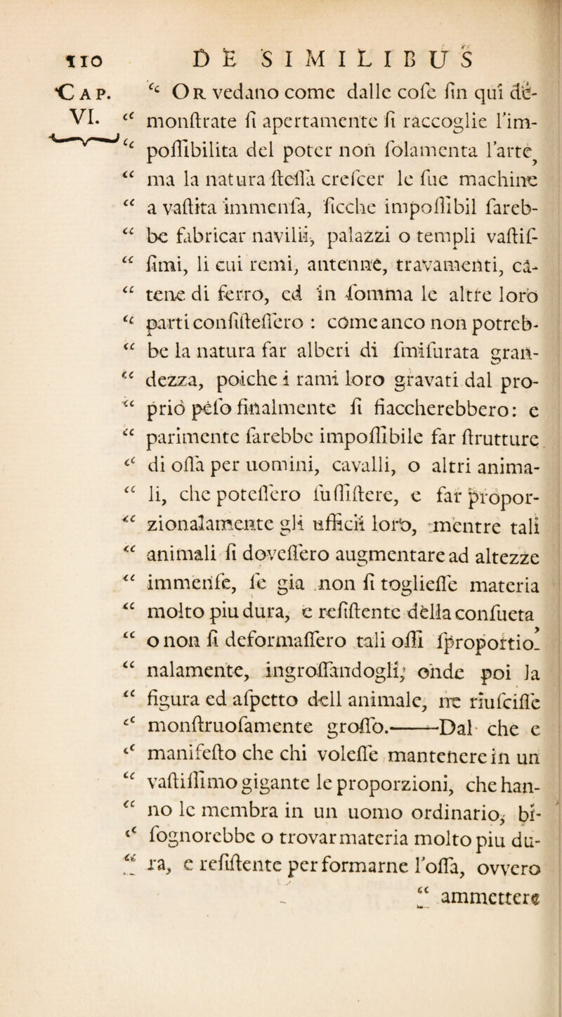 IIO Cap. VI. « CC cc cc u cc <c cc cc cc cc << cc CC <c cc cc cc cc cc cC c< cc cc << DE SIMILIBUS Or vedano come dalle cofe fin qui d'e- monftrate fi apertamente fi raccoglie 1’irn- pofllbilita dei poter non folamenta larte ma la natura ftefla crefcer le fue machine a vaftita immenfa, ficche impoflibil fareb- be fabricar navilii, palazzi o templi vaftif- fimi, li cui remi, antenne, travamenti, ea- tene di ferro, ed in fomma le altre loro parti confiftefiero : come anco non potreb- be la natura far alberi di fmifurata grait- dezza, poiche i rami loro gravati dal pro¬ prio peib fktalmente fi fiaccherebbero: e parimente farebbe impoflibile far ftrutture di olla per uomini, cavalli, o altri anima¬ li, chepoteflero lufliftere, e far propor- zionalamente gli ufficii loro, mentre tali animali fi devellero augmentaread altezze immerife, fe gia non fi togliefie materia molto piu dura, e refiftente della confueta o non fi deformaffero tali olli fproportio! nalamente, ingroflandogli; ohde poi Ja figura ed afpetto dell animale, ne riufciflc monftruofamente groffo.-Dal che e manifefto che chi volefle mantenerein un vaftiilimo gigante le proporzioni, chehan- no lc membra in un uomo ordinario, bi- fognorebbe o trovar materia molto piu du¬ ra, e refiftente performarne lolia, ovvero • . i/ “ ammettere im --