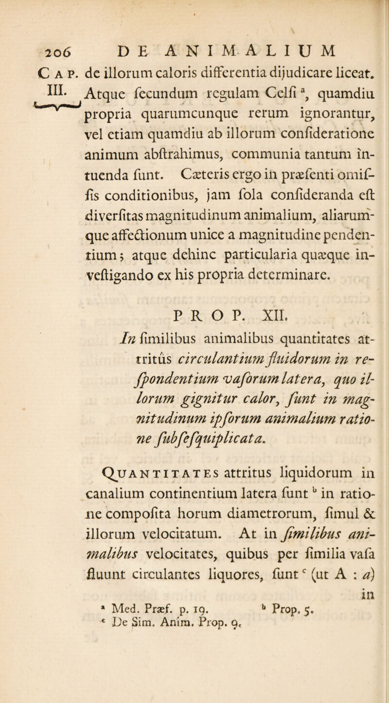 C a p. de illorum caloris differentia dijudicare liceat. IH* Atque fecundum regulam Celfi a, quamdiu propria quarumcunque rerum ignorantur, vel etiam quamdiu ab illorum confideratione animum abftrahimus, communia tantum in¬ tuenda funt. Ceteris ergo in praffenti omif- lis conditionibus, jam fola confideranda eft diverfitas magnitudinum animalium, aliaruni- que affe&ionum unice a magnitudine penden¬ tium ; atque dehinc particularia quaque in- veftigando ex his propria determinare. P R O P. XII. jfofimilibus animalibus quantitates at¬ tritus circulantium fluidorum in re- fpondentium vaforum latera, quo il¬ lorum gignitur calor, funt in mag¬ nitudinum ipforum animalium ratio- ne fubfefquiplicata. Qu antitates attritus liquidorum in canalium continentium latera funtb in ratio¬ ne compofita horum diametrorum, fimul & illorum velocitatum. At in fimilibus ani¬ malibus velocitates, quibus per fimilia vafa fluunt circulantes liquores, funtc (ut A ; a) in * Med. Praef. p. 19. b Prop. 5. c JJe Sim. Anim, Prop. Q,