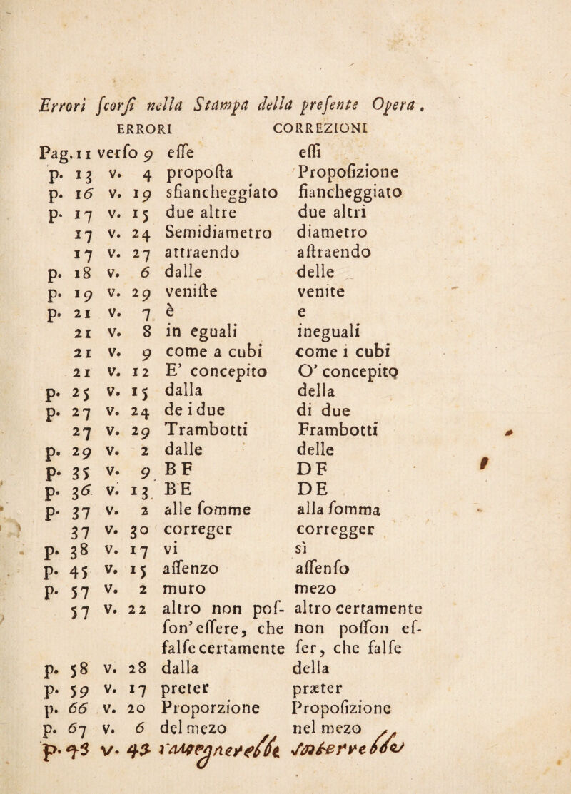 Errori [corji nella Stampa della predente Opera . ERRORI CORREZIONI Pag.i i verfo 9 elle eflì p. I 7 v. 4 propofta Propofizione p. 16 V. *9 sfiancheggiato fiancheggiato p. 17 V. J5 due altre due altri J7 V. 24 Semidiametro diametro 17 V. 27 attraendo a (traendo p. 18 V. 6 dalle delle p. 19 V. 29 venifte venite p. 21 V. 7 \ e e 11 V. 8 in eguali ineguali 21 V. 9 come a cubi come 1 cubi 21 V. I 2 E concepito O* concepite? p. 2$ V. 15 dalla della p. 2 7 V. 24 deidue di due 27 V* 29 Trambotti Frambotti p. 29 V. 2 dalle delle P- 35 v. 9. BF DF P- 3* V. 23 BE DE P- 37 V. 2 alle fomme alla fomma 37 V. 3° correger corregger P* 3§ V. *7 vi sì P- 45 V. »5 aflenzo affenfo P* 57 V. 2 muro mezo 57 V. 22 altro non pof- fon'eflere, che falfe certamente altro certamente non poflon ef- fer, che falfe 00 • Ch V. 28 dalla della P* 59 V. 17 preter prxter p. 65 V. 20 Proporzione Propofizione p. 67 p.^-5 v. V- 6 del mezo nel mezo * ìMfpnne/f/tt Sfttefiubév