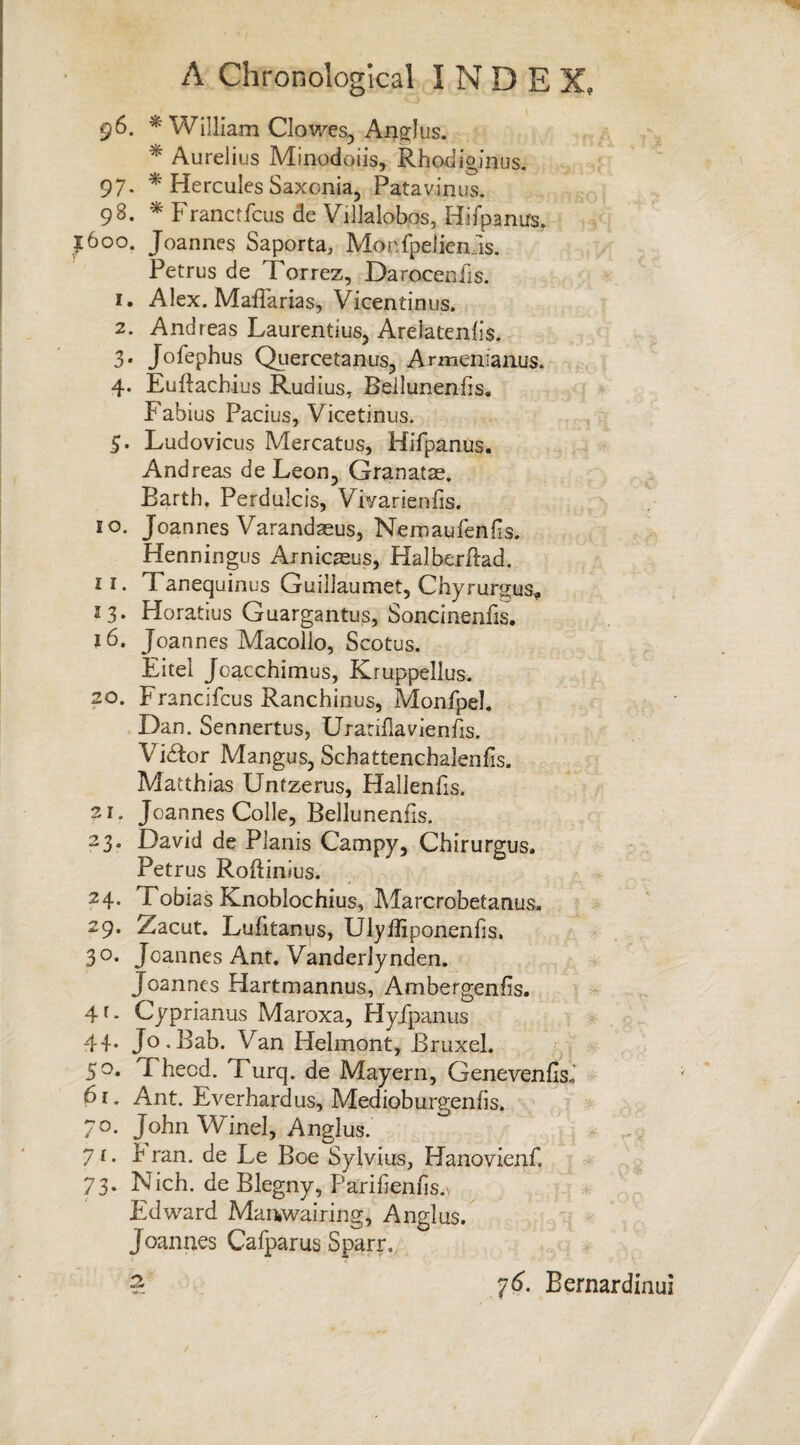 96. * William Clowes, Anglus. * Aurelius Minodoiis, Rhodiginus. 97. * Hercules Saxonia, Patavinus. 98* * Franctfcus de Villalobos, Hifpanirs. 1600. Joannes Saporta, Monfpeiien Is. Petrus de Torrez, Darocenfis. 1. Alex. Maffarias, Vicentinus. 2. Andreas Laurentius, Arelatenlis, 3. Jofephus Quereetanus, Armenianus. 4. Euftach ius Rudius, Beilunenfis. Fabius Pacius, Vicetinus. 5. Ludovieus Mercatus, Hifpanus. Andreas de Leon, Granatae. Barth. Perdulcis, Vh/arienlis. 10. Joannes Varandaeus, Nemaufenfis. Henningus Arnicaeus, Halberftad. Tanequinus Guillaumet, Chyrurgus, 13. Horatius Guargantus, Soncinenfis. 16. Joannes Macollo, Scotus. Eitel Joacchimus, Kruppellus. 20. Francifcus Ranchinus, Monfpel. Dan. Sennertus, Urandavienfis. Vidior Mangus, Schattenchalenfis. Matthias Unfzerus, Hallenlis. 21. Joannes Colle, Bellunenfis. 23. David de Planis Campy, Chirurgus. Petrus Roftinius. 24. Tobias Knoblochius, Marcrobetanus. 29. Zacut. Lufitanus, Ulyiliponenhs. 30. Joannes Ant. Vanderlynden. Joannes Hartmannus, Ambergenfis. 4[ - Cyprianus Maroxa, Hyfpanus 44* Jo,Bab. Van Helmont, Bruxel. 50. Fhecd. Turq. de Mayern, Genevenlisi 61. Ant. Everhardus, Medioburgenfis. o. John Winel, Anglus. 1. 4 ran. de Le Boe Sylvius, Hanovienf, 73. Nich. de Blegny, Parihenhs.\ Edward Maawairing, Anglus. Joannes Cafparus Sparr. a 76'. Bernardinui