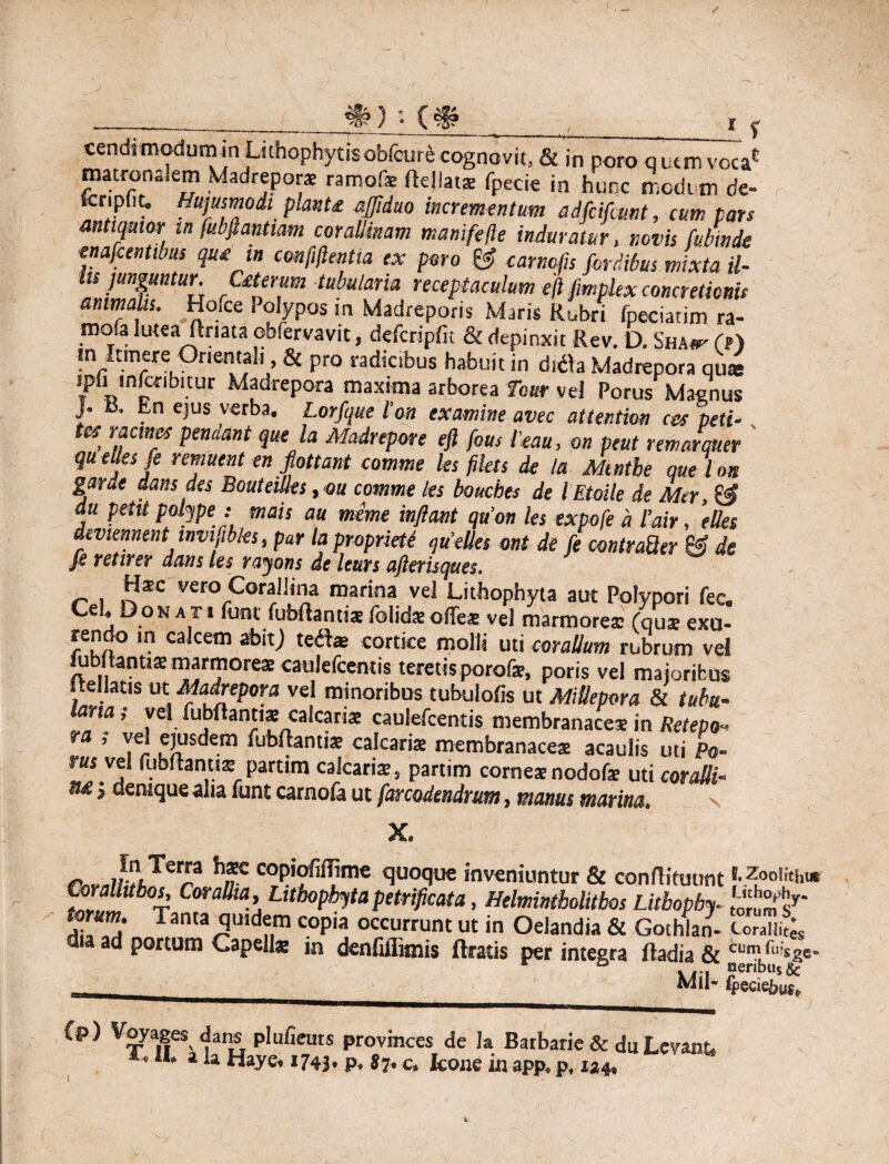 ®§? ) • 1 r J •_ • f • fi e . „ ir e matronalem Madrepors ramofe ftejlat* fpecie in huqc medum de- kripfit. Hujusmodi planU affiduo incrementum adfcifcunt, f£/i72 pars antiquior tn fubfiantiam cor allinam manifefte induratur x novis fub in de enafcentibus qu£ m conflentia ex paro & carncfis fordibus mixta il- • ^ __ _ receptaculum eft fimpkx concretionis mimam. Holce Polypos m Madreporis Maris Rubri fpeciarim ra- mofa lutea ftriata obfervavit, defcripfit & depinxit Rev. D. Sha*^ (p) m Itinere Onentaii, & pro radicibus habuit in ditfa Madrepora qu* t lbltUr M?drePora maxima arborea fcur vel Porus Magnus J. B. En ejus verba, Lorfque l’on examine avec attentim ces peti- tes, r.fc,nfs Pendant quf la Madreporc eft fous i tau, m peut remarquer queles fe remuent en fiottant comme ks fikts de ia Minthe que Ion Sarde dans des Bouteilies , ou comme les bouebes de lEtoile de Mcr, & du petit polype : mais au mime inflant qu’on les expofe d 1’air, files deviennent invifibks, par la propriete quelles ont de /e contraQer & de fe retirer dans les rayons de leurs aflerisques. Hsc vero Corallina marina vel Lithophyta aut Polypori fec. Cei, Donat: fum fubftantisefolidsofleas vel marmoreae (quae exu¬ rendo in calcem abitj tedae cortice molli uti coralium rubrum vel jubilantis marmores caulefcentis teretis porofa?, poris vel majoribus iteilatis ut Madrepora vel minoribus tubulofis ut Mitlepora & tubu¬ laria t vel fubftantis calcariae caulefcentis membranaceae in Retepo- ra , vel ejusdem fubftantiae calcariae membranaceae acaulis uti Po¬ rus vel fubftanuae partim calcariae, partim corneaenodofe uti corafli- M j denique alia funt carnofa ut farcodendrum, manus marina. \ X. coP'ofiffime quoque inveniuntur & conftituunt lz°oHthur Z„ 1 * CwaUta' Lub°pbytapetrifteata, Helmintbolitbos Litbopby. torum. Tanta quidem copia occurrunt ut in Oelandia & Gothlan- Corallites ad portum Capella in denliffimis Uratis perintegra fladia & cum^isge-' wi ®eribus& _ MU* Cp) Voyages dans plufieurs provinces de Ia Barbarie & du Levant, T, II, * k Haye, 1743. P. 87. c. Icone in aPP, p. ia4.