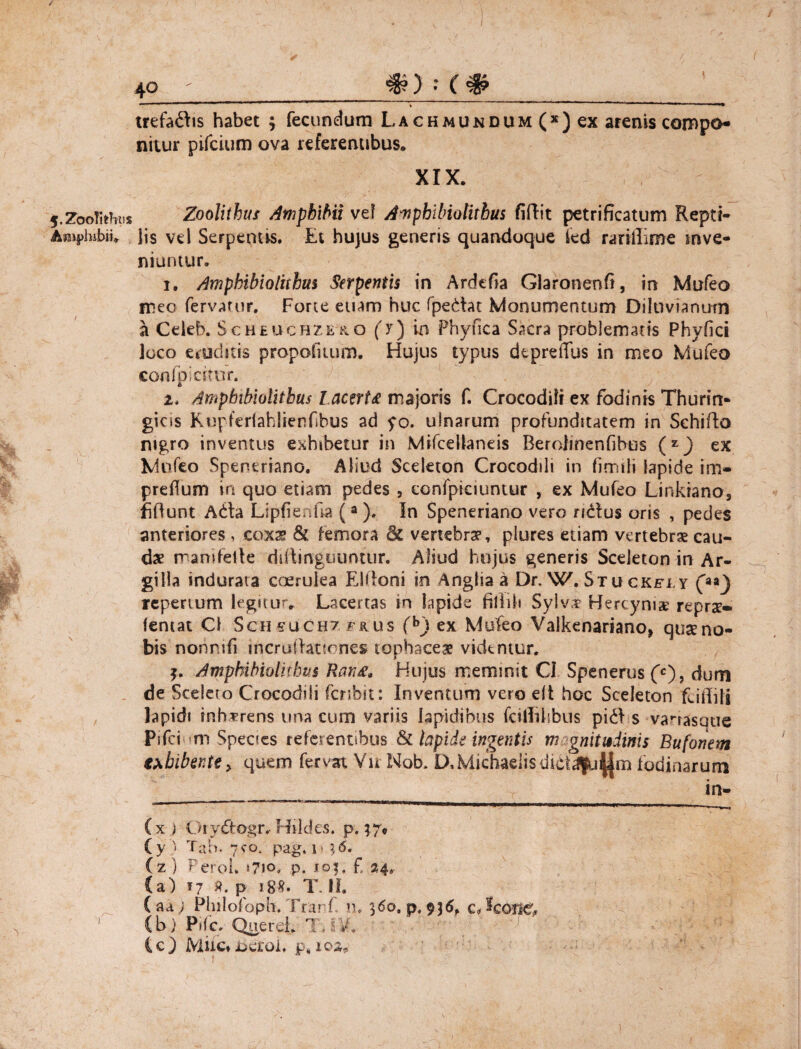 *?) : C# trefa&is habet ; fecundum Lachmundum (x) ex arenis compo¬ nitur pifcium ova referentibus. XIX. 5. ZooTithtis Zo oli thus Amphibii vef Awpbibiolitbus fiftit petrificatum Reptt- Amplubii. iis vel Serpentis. Et hujus generis quandoque fed rariflime inve¬ niuntur. 1, Amphibiolithus Serpentis in Ardefia Glaronenfi, in Mufeo meo fervatur. Forte euam huc fpedtat Monumentum Dilnvianutn a Ceieb. Scheuchze&o (y) in Phyfica Sacra problematis Phyfici loco eruditis propofitum. Hujus typus dtpreffus in meo Mufeo confp icitor. 2. Amphibiolithus Lacerta majoris f. Crocodili ex fodinis Thurirt- gicss Kupferlahlienfibus ad yo. ulnarum profunditatem in Sehifta nigro inventus exhibetur in Mifceltaneis Berolinenfibos (z) ex Mufeo Speneriano. Aliud Sceleton Crocodili in fimili lapide im- preffum in quo etiam pedes , confpkiuntur , ex Mufeo Linkiaoo, fiftunt Adla Lipfienfia (a ). In Speneriano vero ridlus oris , pedes anteriores , coxa? & femora 3c vertebra?, plures etiam vertebrae cau¬ dae manifetle ddlinguuntur. Aliud hujus generis Sceleton in Ar¬ gilla indurata caerulea ElBoni in Anglia a Dr. W. Stu ckfiy (**) repertum legitur Lacertas in Iapide fillih Sylv.T Hercyniae reprse- lentat C1 Sch?uch7 frus (b) ex Mufeo Valkenariano, quseno- bis nohnifi incroffattones tophaceae videntur. Amphibiolithus Ran£» Hujus meminit CI Spenerus f*), dum de Sceleto Crocodili fcnbn: Inventum vero elt hoc Sceleton Liilili lapidi inhaerens una cum variis Iapidibus fcilTihbus pi£> s varrasque Pifcium Species referentibus & lapide ingentis magnitudinis Bufonem exhibente > quem fervat Vn Nob. D,Michaelisdi6t^(u||m fodinarum in— (x ) Oiy&ogr, Hildes. p. 37« (y ) Tab- 7-co. pag. 1» 16. (z ) Ferok *7io, ,p. io|, £ 24,. (a) 17 ». p 188« T. II. ( a a) Philofoph. Trarf n. 360. p. 936, (b) Pile. QuereL T, § ic) Muc»^eroi. p, wz*
