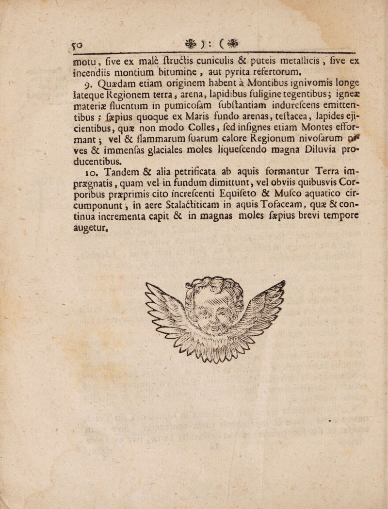 fO_ # ) : (# motu, five ex male ftrudtis cuniculis & puteis metallicis , five ex incendiis montium bitumiiie , aut pyrita refertorum. 9. Quaedam etiam originem habent a Montibus ignivomis longe lateque Regionem terra, arena, lapidibus fuligine tegentibus; igneae materiae fluentum in pumicofam fubRantiam indurdcens emitten¬ tibus ; fepius quoque ex Maris fundo arenas, teflacea, lapides eji¬ cientibus, quae non modo Colles, feainfignes etiam Montes effor- mant; vel & flammarum fuarurn calore Regionum nivofarum ves & immenfas glaciales moles liquefcendo magna Diluvia pro¬ ducentibus. 10. Tandem & alia petrificata ab aquis formantur Terra im¬ praegnatis , quam vel in fundum dimittunt, vel obviis quibusvis Cor¬ poribus praeprimis cito increfcenti Equifeto & Mufco aquatico cir¬ cumponunt, in aere Staladfiticam in aquis Tofaceam, quae & con¬ tinua incrementa capit & in magnas moles faepius brevi tempore augetur.
