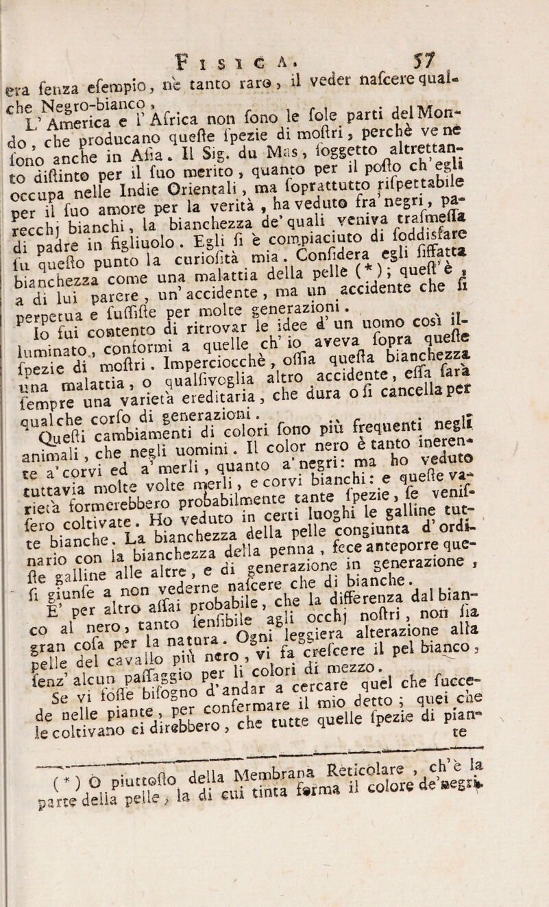 era fenza efempio, ne tanto raro, il veder nafeerequaì- £^Ì/^America e f Africa non fono le fole parti del Mon¬ do che producano quelle fpezie di molto, perchè vene fono anche in Alia. II Sig. du Mas, foggetto aUrettan- to diftint© per il fuo mento , quanto per il pollo eh eg occupa nelle Indie Orientali, ma foprattutto nfpettabile per U fuo amore per la verità , ha veduto fra negri , pa¬ recchi bianchi, la bianchezza de’quali veniva traimela d' pììre iS siolo. Ed, fi k fu quello punto la curiofita mia Conlidera egli ima bianchezza come una malattia della ^ llidente che fi a di lui parere , un accidente, ma un accidente cne n^metua e fuffifte per molte generazioni. P io^fui contenta di ritrovar le idee d un uomo cosi il- “eadi 3nr.I]iUerdocchè^ a^irssas .sjsttóiìs fm » teft-g •oli rhp neeli uomini. Il color nero e tanto ineren te'a corvi^ed a’ merli, quanto a' eh° tuttavia molte volte merli, e corvi bianchi. e q -r rtlssT& T «^■ìBsnfi'srr assi* fef v-fóflfS® no Pde'andar «cercare quel che fucce- d/nelle Piante . “per confermare U jgyfjyXS le coltivano ci direbbero, che tutte quene p £e