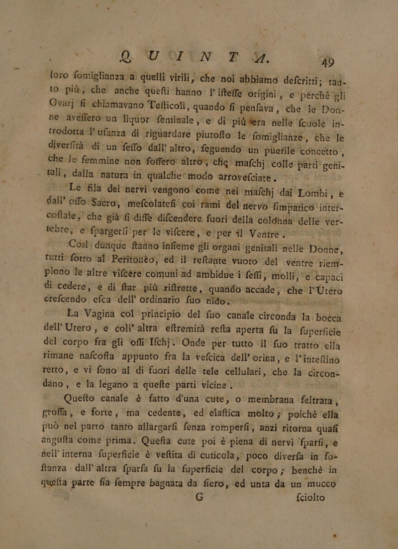 toro fomiglianza a! quelli virili) che noi abbiamo deferitti; tan- to più, che anche ‘quefti hanno | ifteffe origini, e ‘perchè gli Ovarj fi chiamavano Tefticoli, quando fi penfava, che le Don- ne aveffero un liquor feminale ; e di più era nelle {cuole in- trodotta l’ufanza di riguardare piutofo le fomiglianze, che le diverfità di un feffo ‘dall altto, feguendo ‘un puetile concetto , che le femmine non foffeto altro; chig mafchj colle parti geni- tali, dalla ‘natura in qualche modo artovefciate . Le fila dei nervi vengono comè néi miafchj dai Lombi, è dall’ offo “Sacro, mefcolatefi coi rami del nervo fimpatico ‘intef» coftate,' che giù fi difle ‘difcendere. fuori della colonda delle ver- tebre, eè fpatgerfi per le vifcere, ‘e’ per il Ventre; Li Così durique ftatito infieme gli organi genitali nelle Donne, tutti fotto ‘al Peritonèo; ed'il reltante vuoto del ventre riemi- piono le altre vifeere comuni ad'ambidue i fefli, molli; é Capaci di cedere, è di ftar più riftrette, quando accade; che l’Utéro crefcendo efca dell’ ordinario fuo nîdo; Vacca FAI TT La Vagina col principio del fuo canale circonda ‘la. bocca dell’ Urero ;, e coll’altra eftremità refta aperta fu la fuperficie del corpo fra gli ofli' Ifchj. Onde per tutto il fuo tratto ella rimane nafcofta appunto fra la vefcica dell’orina, e l’inteftino retto, e vi fono al di fuori delle tele cellulari, che 1a circon= dano, e la legano a quefte patti vicine. Quefto canale è ‘fatto d’una cute, o membrana feltrata, groffa, e forte, ma cedente, ed elaftica molto ; poichè ‘ella può nel parto tanto allargarfi fenza romperfi, anzi ritorna quafi angufta come prima. Quefta cute poi è piena di nervi ‘fparfi, è nell’interna fuperficie è veftita di cuticola, poco diverfa in fo&gt; ftanza dall'altra fparfa fu la fuperficie del corpo; benchè in quefta parte fia fempre bagnata da fiero, ‘ed unta da un mucco i G fciolto