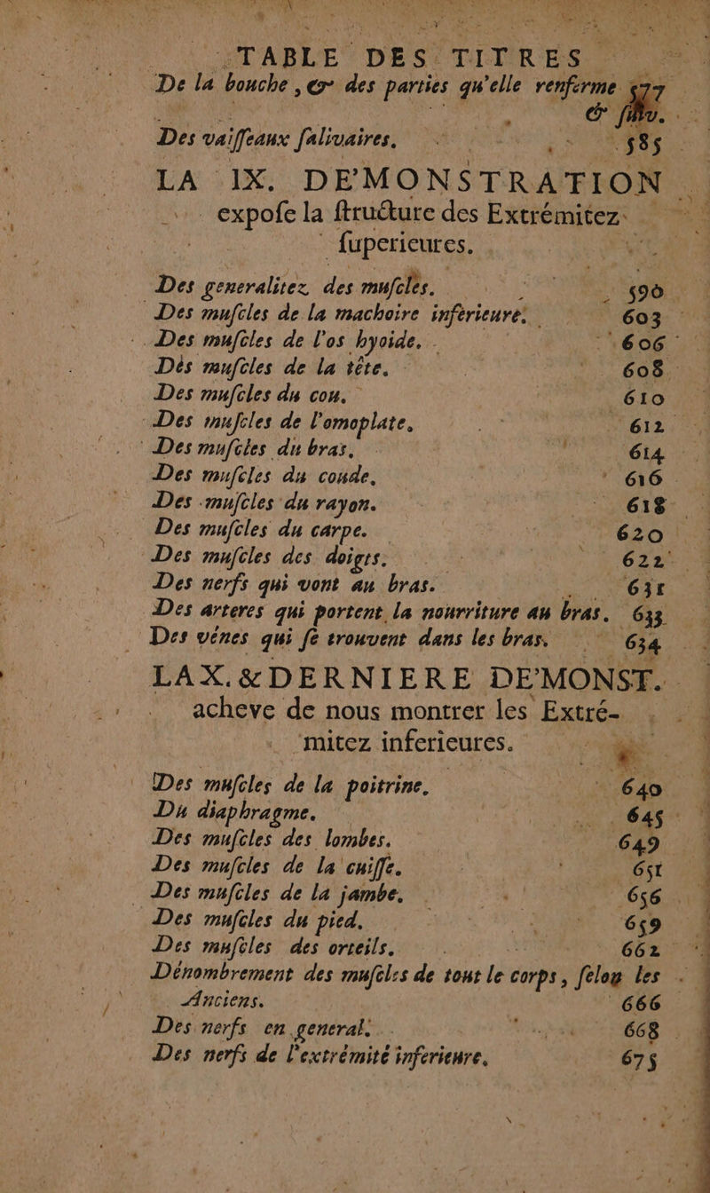 AP ARR 710, re LVL AN 006 CONNERX d'u FAR RON Ÿ n RVE « , A ‘ &gt; y EL  TABLE DES. TITRES Le De la bouche , @* des parties qw'elle renfirme ÿg- Œ |} Des vaïfranx faliuaire. “oui &amp;: | [585 N LA : IX: DE MONSTRATION _expofe la ftructure des Extrémitez. fuperieur cs. | … Des generalitéz des mufeles. | RU 8 Des mufcles de la machoire inférieure. | 603 . Des mufcles de l'os hyoide. , 1606 Dés mufiles de la tête. Fe | 608. Des mujtles du con. M Des mufcles de l'omoplate, ep se 51612 ; 7 Des mufcles du bras, | ” ‘6i4 :. Des mufcles du conde, | . OH Des -mujcles du rayon. : ee Fi TN Des muftles du carpe. | 620. Des mufcles des doigts. 1 1 622 Des nerfs qui vont au bras. 63t Des arteres qui portent. la nourriture 44 bras. _ 633. … Des vênes qui Je trouvent dans les bras. 634 LAX.&amp;DERNIERE DE'MONST. acheve de nous montrer les Extré- . ‘mitez infericures. € | Des mufiles de la poitrine. |: 640 Du diaphragme. UT LS ST NRC Des mufcles des lombes. 649; 4 Des mufcles de la chifle. | OST: Des mufiles de la jambe, . FR 656 . . Des mufcles du pied. He KE SA CAT Des mufiles des orteils. | | :, GEL Deénombrement des mufil: :s de tout le cp, felog les Anciens. 666 Des nerfs en general. tabs BBA Des nerfs de Lexirémisé di hises 675