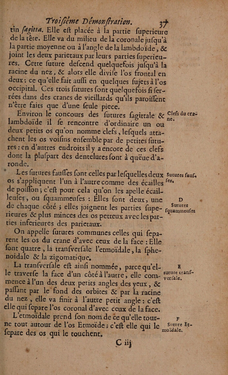 tin /agitta. Elle ef placée à la partie fuperieure de la tête. Elle va du milieu de la coronale jufqu’à la partie moyenne ou a l’angle dela lambdoïde, &amp; joint les deux parietaux par leurs parties fuperieu- res. Certe future defcend quelquefois jufqu’à la racine du nez, &amp; alors elle divife l’os frontal en deux: ce qu’elle fair auffi en quelques fujetsà l'os _ OCcipital. Ces trois futures font quelquefois fi {er- _ rées dans des cranes de vieillards qu’ils paroiflent n'être faits que d’une feule piece. | : Environ le concours des futures fagitrale &amp; Nr lambdoïde il fe rencontre d'ordinaire un ou deux petits os qu'on nomme clefs, lefquels atta- chent les os voifins enfemble par de petites futu- res: en d'autres endroitsil y aencore de ces clefs dont la plufpart des dentelures font à quêue d’a- ronde, | Fe - Les fuvures fauffes font celles par lefquelles deux sutures fauf, . ©s s'appliquent lun à l’autrecomme des écailles de poiflon ; c’eft pour cela qu’on les apelle écail- leufes, ou fquammeufes : Elles font deux, une D de chaque côté ; elles joignent les parties fupe- Bandol rieures &amp; plus minces des os petreux avec lespar- 7 ties inferieures des parieraux. . On appelle futures communes celles qui fepa- rent les os du crane d’avec ceux de la face : Elle font quatre , la tranfverfale l’ermoïdale, la fohe- noidalc &amp; la zigomatique, . La tranfverfale eft ainfi nommée, parce quel E ; le traverfe la face d’un côté l’autre, elle com. DUR mence à l’un des deux petits angles des yeux , &amp; paflant par le fond des orbites &amp; par la racine du nez, elle va finir à l’autre petit angle : c'eft elle qui fépare l’os coronal d’avec ceux de la face. … L’etmoïdale prend fon nomde ce qu'elletour- r _ne tout autour de l’os Etmoïde; c’eft elle HOUR Sie fepare des os qui le touchent,