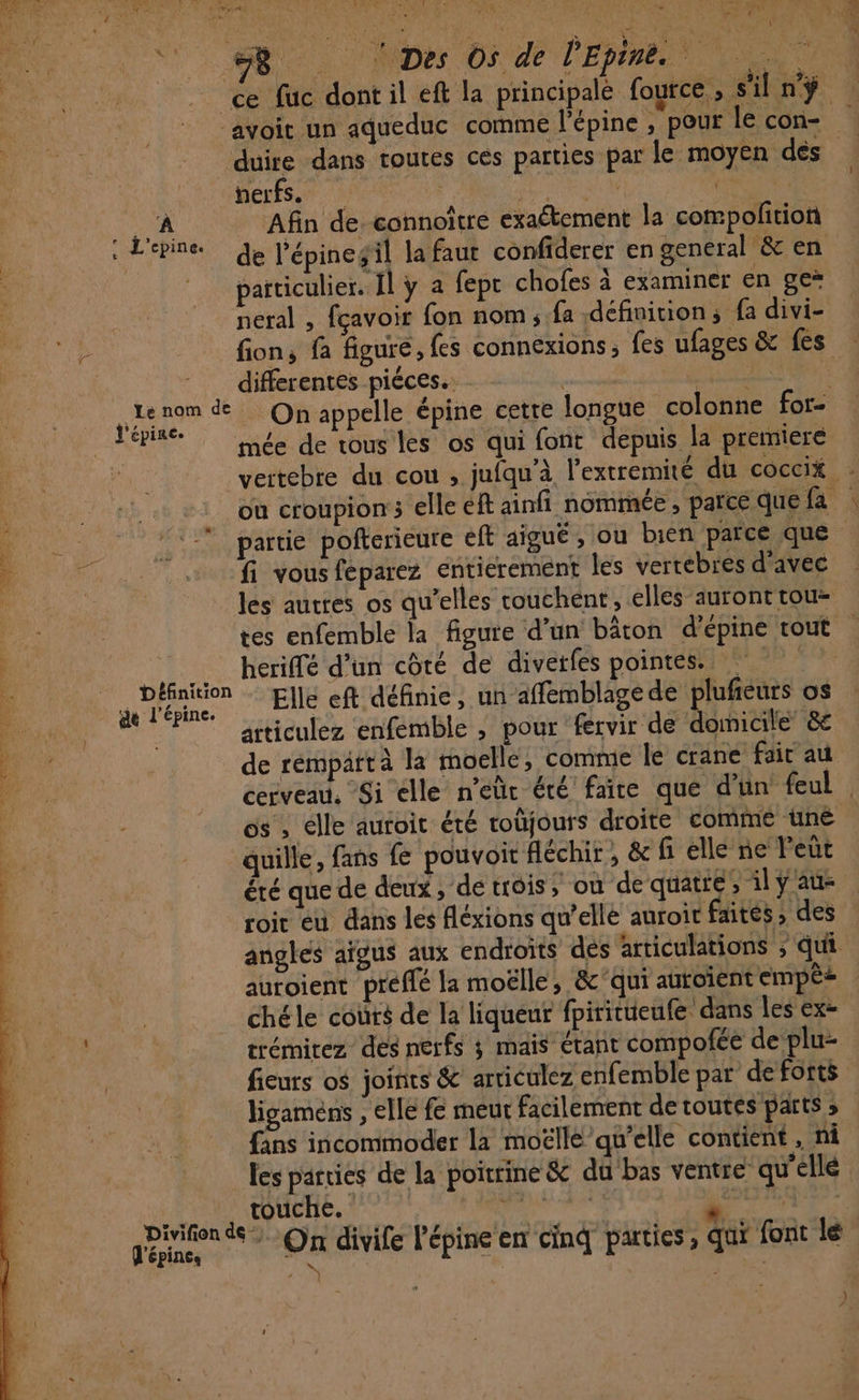 ‘avoit un aqueduc comme l'épine , pour le con- nerfs. FR EG M SE Afin deconnoître exaétement la compofition : L'epine. de l’épinegil la faut confiderer en general &amp; en patticulier. Il y a fepc chofes à examiner en ge neral , fçavoir fon nom; fa définition, fa divi- LR fon, f figure, fes connexions, fes ulages &amp; fes differentes piéces... DRE RAA | NV 18 d On appelle épine cette longue colonne for- MT mée de tous les os qui font depuis la premiere fi vousfeparez entierement les vertebres d'avec | les autres os qu’elles touchent, elles auront tou À .… heriffé d’un côté de divetfes pointes. … À At ds Elle eft définie, un affemblagede plufieurs os Don, articulez enfemble , pour fervir de domicile &amp; A de rémpättà la moelle, comme le crane fait au | quille, fans fe pouvoir fléchir, &amp; f elle ne leût -74s | été quede deux, de trois, où de quatre, ilÿaus Die | roir eu dans les fléxions qu’elle auroit faites, des Be. angles aïgus aux endroits dés articulations ; qui chéle coûts de la liqueur fpiritueufe dans les ex- trémitez des nerfs ; mais étant compofée de plu- fieurs o$ joints &amp; arriculez enfemble par de forts ligaméns , ellé fe meut facilement de toutes parts » fins incommoder la moëlle qu’elle contient , ni touche. RNASNQURRE ET PE TE US He de” On divife l'épineen cinq parties, qui font le