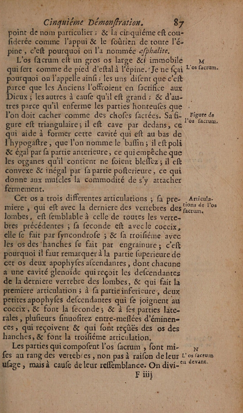 a F L | LA | Cinquième Démonffration. 87 point de noim particulier ; &amp; la cinquiéme eft cou- fiderée comme l'appui &amp; le foûrien de toute l’é- pine, c’eft pourquoi on l’a nommée a/phalire, L'os facrum elt un gros os large &amp;i immobile M quifert comme de pied d’eftal à l’épine.Je ne fçai Los facrum. pourquoi on l'appelle ainfi ; les uns difent que c’eit parce que les Anciens l'offroient en f(acrifice aux Dieux ; les autres à caufe qu'il eft grand ; &amp; d’au- tres parce qu'il enferme les parties honteufes que l’on doit cacher comme des chofes facrées. Sa G- gure eft triangulaire; il eft cave par dedans, ce qui aide à former cette cavité qui eft au bas de l'hypogaftre , que l’on nomme le baffin; il eft poli &amp; égal par fa partie anterieure, ce quiempèche que les organes quil contient ne foient bleffez ; il eft convexe &amp; inégal par fa partie pofterieure, ce qui donné aux mufcles la commodité de s’y attacher fermement. | Cet os a trois differentes articulations ; fa pre- _Articule- miere , qui eft avec la derniere des vertebres des pers *° 19 lombes, eft femblable à celle de toutes les verte- ; bres précédentes ; fa feconde eft avecle coccix, elle fe fait par fyncondrofe ; &amp; fa troifiéme avec Îles os des ‘hanches fe fait par engrainure; c’eft pourquoi il faut remarquer à la partie fuperieure de cet os deux apophyfes afcendantes , dont chacune a une cavité glenoïde quireçoit les defcendantes de la derniere vertebre des lombes, &amp; qui fait la premiere articulation ; à fa partieinferieure, deux petites apophyfes defcendantes qui fe joignent au coccix, &amp; font la féconde; &amp; à fes parties late- ralés , plufieurs finuofitez entre-mefices d'éminen= ces, qui reçoivent &amp; qui font recüés des os des hanches, &amp; font la troifième articulation. Les parties qui compofent l'os facrum , font mi- fes au rang des vertebtes , non pas à raifon deleur L'os facrum ufage, maisà caufe de leur reffémblance. On divi-°* ‘°*22e | F iüj Figute de l’os facrum,