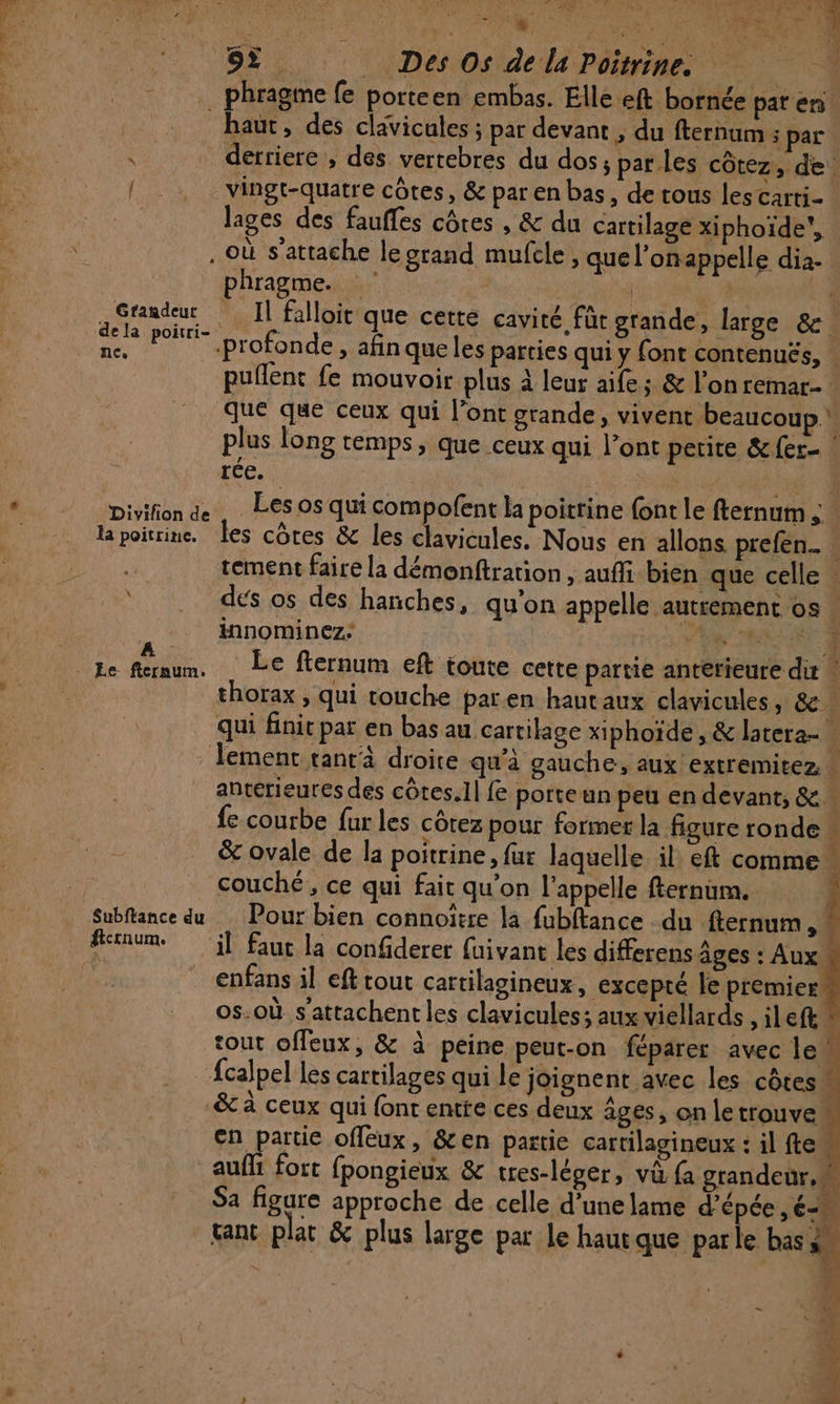  - Grandeur NC» à A IN ETC MENT SD PER ENETTIE AA s Cr, 4 0 TU Ip VS à. a ‘ * EUR: LP EE 1 84, NDa0sideli Pine ©) phragme fe porteen embas. Elle eft bornée pat en haut, des clavicules ; par devant ; du fternum s parc derriere , des vertebres du dos; par les côtez, de vingt-quatre côtes, &amp; par en bas, de tous les carti- lages des fauffes côres , &amp; du cartilage xiphoïde', . où s'attache le grand mufcle , quel’onappelle dia- phragme. Po RUE 2 Il falloir que cette cavité, füt grande, large 8 profonde, afinqueles parties qui y font contenués, . puflent fe mouvoir plus à leur aife; &amp; l’onremar- que que ceux qui l’ont grande, vivent beaucoup! plus long temps, que ceux qui l’ont petite &amp; {er | rée. | \ Subftance du ftcrnum. tement faire la démonftration , auffi bien que celle : dés os des hanches, qu’on appelle autrement os . innominez: F6 ENT Le fternum eft toute cette partie antérieure dut | thorax , qui couche paren hautaux clavicules, &amp;e4 qui init par en bas au cartilage xiphoïde, &amp; latera- lement tant'à droite qu'à gauche, aux extremitez antérieures des côtes.Il fe porte un peu en devant, &amp; … e courbe fur les côtez pour former la figure ronde « &amp; ovale de la poitrine , fur laquelle il eft comme couché, ce qui fait qu'on l'appelle fternum. | Pour bien connoïtre la fubftance du fternum, enfans il eft tout cartilagineux, excepté le premier os-où s'attachent les clavicules; aux viellards , ileft F tout offeux, &amp; à peine peut-on féparer avec le fcalpel les cartilages qui le joignent avec les côtes” &amp; à ceux qui {ont entte ces deux âges, on letrouve… en partie offeux, &amp;en partie cartilagineux : il fe” auf fort fpongieux &amp; tres-léger, vû fa grandeur, Sa figure approche de celle d’unelame d'épée ,éM tant plat &amp; plus large par le hautque parle bas