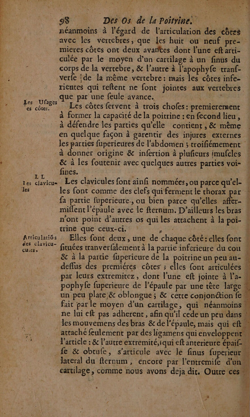 avec les verrebres, que Jes huit ou neuf pre- mieres côtes ont deux avartes dont l’une eft arti- culée par le moyen d’un cartilage à un finus du corps de la vertebre, &amp; l'autre à l’apophyfe tranf- verfe ide la mème vertebre: mais les côtes infe- rieutes qui reftent ne font jointes aux vertebres que par une feule avance. AE Fes DES | Les côtes fervent à trois chofes : premierement : à former la capacité de la poitrine : en fecond lieu , à défendre les parties qu’elle contient, &amp; même . en quelque façon à garentir des injures externes - les parties fuperieures de l'abdomen ; troifiémement - à donner origine &amp; infertion à plufeurs {mufcles &amp; à les foutenir avec quelques autres parties voi- ABES.. #0 | | LL À , PE / » g: tes clavicu Les clavicules font ainfi nommées, ou parce qu'el- des les font comme des clefs quifermentle thorax par fa partie fuperieure., ou bien parce qu’elles affer- miflent l'épaule avec le fternum. D'ailleurs les bras ! n'ont point d’autres os qui les atrachent à la poi- trine que ceux-ci. se Articulaiôs Elles font deux , une de chaque côté: elles font ds RV firnées tranverfalement à la partie inferieure du cou _ &amp; à la partie fuperieure de la poitrine un peu au- # deflus des premiéres côtes ; dt {ont articulées  par leurs extremitez, dont l’une eft jointe à l’a-. pophyfe fuperieure de l’épaule par une tête large un peu plate &amp; oblongue ; &amp; cette conjonétion fe” fait par le moyen d’un cattilage, qui néanmoins” ne lui eft pas adherent , afin qu'il cede un peu dans | les mouvemens desbras &amp; de l’épaule, mais qui éfts ‘attaché feulement par des ligamens qui enveloppe l'article : &amp; l’autre extremité,iqui eft anterieure épaif-« _{e &amp; obtufe, s'articule avec lé finus El Jateral du flernum, encore par l’entremife d'un cartilage , comme nous avons deja dir, Outre ces NS 4 il # ; M 4 , FE : {4 | \ : BL À { \: Q \ :