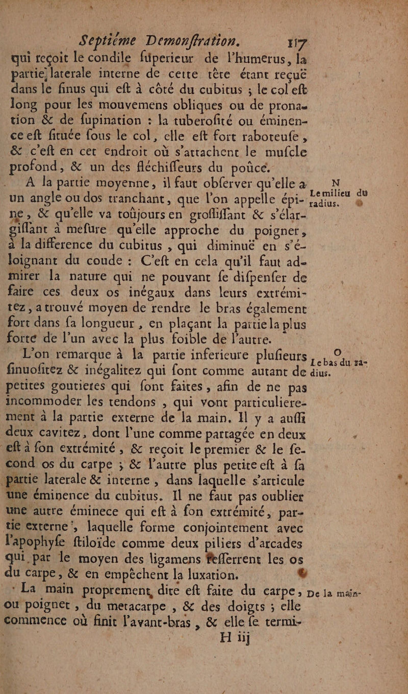 qui reçoit le condile füperieur de lhumerus, la partie, laterale interne de cette tère étant reçuë dans le finus qui eft à côté du cubitus ; le col eft Jong pour les mouvemens obliques ou de prona. tion &amp; de fupination : la tuberofité ou éminen- ceeft fiuée fous le col, elle eft fort raboteufe, &amp; c'eft en cet endroit où s’attachenc le mufcle profond, &amp; un des fléchiffleurs du poûce. A la partie moyenne, il faut obferver qu’elle à Mas un angle ou dos tranchant, que l'on appelle épi- Fe ne, &amp; quelle va toüjoursen grofliffant &amp; s’élar- giflant à mefure qu'elle approche du poigner, à la difference du cubitus , qui diminué en s'é- loignant du coude : C’eft en cela qu'il faut ad- mirer la nature qui ne pouvant fe difpenfer de faire ces deux os inégaux dans leurs extrémi- tez, atrouvé moyen de rendre le bras également fort dans fa longueur , en plaçant la païtiela plus forte de l’un avec la plus foible de l’autre. | L'on remarque à la partie inferieure plufeurs NA de finuofitez &amp; inégalitez qui font comme autant de du. petites goutieres qui font faites, afin de ne pas incommoder les tendons , qui vont particuliere- ment à la partie externe de la main, Il y a auf deux cavitez, dont l’une comme partagée en deux , . ef à fon extrémité , &amp; reçoit le premier &amp; le fe. cond os du carpe ; &amp; l’autre plus petite eft à fa partie laterale &amp; interne , dans laquelle s’articule une éminence du cubitus. Il ne faut pas oublier une autre éminece qui eft à fon extrémité, par- tie externe, laquelle forme conjointement avec l'apophyfe ftiloïde comme deux piliers d’arcades qui. pat le moyen des ligamens feflerrenc les os du carpe, &amp; en empèchent la luxarion. ce * La main proprement, dire eft faite du carpe, pe ja mai- Où poignet , du meracarpe , &amp; des doigts ; elle commence où finit l’avant-bras | &amp; elle fe termi- D | H iij