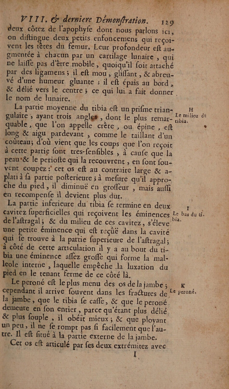 k Ts x { . VIII. G'derniere Démonfration. 119 deux côtez de l’apophyfe dont nous parlons ici, on diftingue deux petits enfoncemens qui recoi- vent les têres du femur, Leur profondeur eft au- gmentée à chacun par un cartilage lunaire , qui ne Jaifle pas d’èrre mobile, quoiqu'il foir attaché par des ligamens 5 il eft mou, gliffant , &amp; abreu- vé d'une humeur gluante ; il eft épais au bord, &amp; délié vers le centre; ce qui lui. à fait donner le nom de lunaire. Us La partie moyenne du tibia eft un prifmetrian H $ gulaire ; ayant crois angles , dont le plus remar- Liu dt quable , que l'on appelle crère , ou épine , ft , long &amp; aigu pardevant , comme le taillant d’un coûteau; d'où vient que les coups que l'on reçoit à certe partie font tres-fenfbles , À caufe que la peau*&amp; le periofte qui la recouvrent , en font fou- VENT Coupez: cet os eft au contraire large &amp; a- plati à fa partie pofterieure ; à mefure qu'il appro- che du pied , il diminuë en crofleur , mais aufli en recompenfe il devient plus dur. | | | La partie inferieure du tibia fe rermine en deux NES cavitez fuperficielles qui reçoivent les éminences Le bas du tfs del'aftragal; &amp; du milieu de ces cavitez, s’éleve une petité éminence qui eft recüé dans la cavité qui fe trouve à la partie fuperieure de l'aftragal ; à côté de certe articulation il y a au bout du ti- bia une éminence aflez groffe qui forme la mal- léole interne , laquelle empèche la luxation du pied en le tenant ferme de ce côté là. | Le peroné cft le plus menu des os dela jambe; k cependant il arrive fouvent dans les fractures de pero: la jambe , que le tibia fe cafe, &amp; que le peroné demeure en fon entier , parce qu'érant plus délié &amp; plus fouple , il obéit mieux ; &amp; que ployant un peu il ne fe rompt pas fi facilement que l’au- tre. Il eft fitué à la partie externe de la jambe. Cer os cft articulé par fes deux extrémitez avec I \ æ|