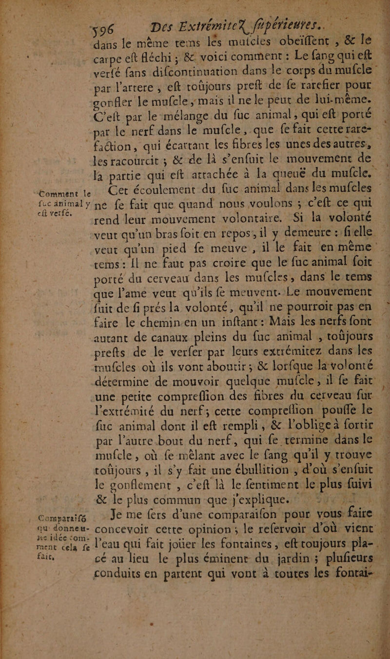 0 96 Des ExtrémiteX fipérientes. 0 | ne dans le mème reins ls muicles obeïffent , &amp; le ee - carpe eft Aléchi ; &amp; voici comment : Le fang qui eft HORRSE .verfé fans difcontinuation dans le corps du mufcle | | par l'artere , eft roüjours preft de fe rarefier pour NS | gonfler le mufcle ,; mais il ne le peur de lui-même. 1 C'eit par le mélange du fuc animal, qui eft porté par Le nerf dans le mufcle, que fe fait cetrerare- faction, qui écatrant les fibres les unes desautres, É es racourcir ; &amp; de là s’enfuit le mouvement de 3 la partie qui eft attachée à la queuë du mufcle. | bomment 1e Cet écoulement du fuc animal dans les mufcles Ne fe fair que quand nous voulons ; c’eft ce qui FE rend leur mouvement volontaire. Si la volonté veut qu'un bras foit en repos, il y demeure . felle veut qu'un pied fe meuve, il le fait en même cems: {l ne faut pas croire que le fuc animal foit porté du cerveau dans les mufcles, dans le rems que lame veut qu'ils fe meuvent. Le mouvement } ‘fuit de fi prés la volonté, quil ne pourroit pas en fire le chemin-en un inftanc: Mais les nerfs font autant de canaux pleins du fuc animal , toüjours | prefts de le verfer par leurs extrémitez danses + mufcles où ils vont aboutir ; &amp; lorfque la volonté détermine de mouvoir quelque mufcle, il fe fair une petite compreflion des fibres du cerveau fur l'extrémité du nerf; cetre comprellion poufle le RS fuc animal dont il eft rempli, &amp; l’obligeà fortir par l’autre.bout du nerf, qui fe termine dans le mufcle , où fe mêlant avec le fang qu'il y trouve toljours , il s’y fair une ébullition ; d’où s'enfuit le gonflement , c’eft là le fentiment le plus fuivi # … &amp; le plus commun -que j'explique.. 546 70 A Companifs Je me fers d'une comparaïfon pour vous: faire : ne concevoit cette opinion; le refervoir d'où vient ment cela fe | eau qui fait joüer les fontaines , eftroujours pla-.… faie, cé au lieu le plus éminent du jardin; plufeurs conduits en partent qui vont à toures les fontai- A - : «ii 3 °» nm 7e