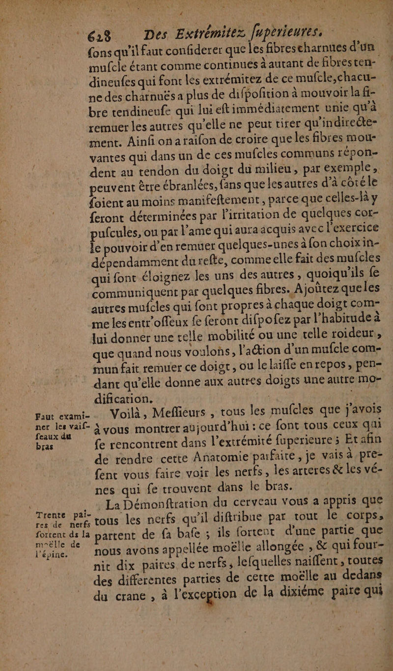 “618 Des Extrémitez [uperieures, | fons qu'il fau confiderer que Les fibreseharnues d'un mufcle étant comme continues à autant de fibres ten- dinenfes qui font les extrémitez de ce mufcle,chacu- ne des charnuës a plus de difpofition à mouvoir la fi bre tendineufe qui lui eftimmédiatement unie qu'à remuer les autres qu'elle ne peut tirer qu’indireëte- ment. Ainf onaraifon de croire que les fibres mou- vantes qui dans un de ces mufcles communs répon- . dent au tendon du doigt di milieu, par exemple, peuvent être ébranlées, fans que les autres d'à côréle foient au moins manifeftement, parce que celles-là y feront déterminées par lirritation de quelques cor- pufcules, ou par l'ame qui aura acquis avec l'exercice le pouvoir d’en remuer quelques-unes àfonchoixin- dépendamment du refte, comme elle fait des mufcles qui font éloignez les uns des autres, quoiqu'ils fe communiquent par quelques fibres. À joùtez queles autres mufcles qui font propres à chaque doigt com me lesentr'offeux fe feront difpofez par l'habitude à lui donner une celle mobilité ou une telle roideur:, que quand nous voulons, l’action d’un mufcle com- mun fait remuer ce doigt, ou lelaiffe enrepos, pen- dant qu’elle donne aux autres doigts une autre mo= | dificarion. | Faut exami- Voilà, Meflieurs , tous les mufcles que j'avois ner les vaif- 3 vous montrer aujourd’hui : ce font tous ceux qui bas fe rencontrent dans l'extrémité fuperieure; Et afin de rendre cette Anatomie parfaire, je vais à pre- {ent vous faire voir les nerfs, Îles arteres &amp; les vé- nes qui fe trouvent dans le bras. PAUROETUE La Démonftration du cerveau Vous a appris que rene Pee tous les nerfs qu'il diftribue par tout le corps, ae #3 la partent de fa bafe ; ils fortent d'une partie que l'éine, nous avons appellée moëlle allongée , &amp; qui four-. nic dix paires de nerfs, lefquelles naiflent, toutes des differentes parties de cette moëlle au dedans du crane ; à l'exceprion de la dixiéme paire qui