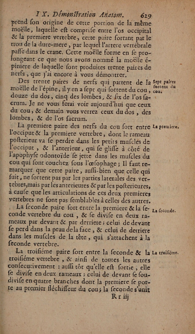 prend fon origine de cette portion de fa mème moëlle, laquelle eft comprife entre l'os occipital &amp; la premiere vertebre, certe paire fortant par le trou de la dure-mere , par lequel l'arrere vertébrale pañle dans le crane. Cette moëlle forme en fe pro- _ Jongeant ce que nous avons nommé la moëlle é- Piniere de laquelle font produites trente paires de nerfs , que j'ai encore à vous démontrer. R Des trente paires de nerfs qui partent de la Spe paie moëlle de l'épine, ilyen a fepc qui {ortent du cou, Late douze du dos, cinq des lombes, &amp; fix de l’os fa- : crum. Je ne vous ferai voir aujourd’hui que ceux du cou, &amp; demain vous verrez ceux du dos , des lombes, &amp; de l'os facrum. La premiere paire des nerfs du cou fort entre La premiere. loccipuc &amp; la premiere vertebre, dont le rameau pofterieur va fe perdre dans les petirs mufclés de l'occiput , &amp; l'anterieur, qui fe glile à côté de l'apophyfe odontoïde fe jette dans les mufcles du cou qui font couchez fous l’æfophage ; Il faut re- marquer que cette paire, aufli-bien que celle qui fuit , ne fortent pas par les parties laterales des ver- tebres,mais par lesanterieures &amp; par les pofterieures, à caufe que les articulations de ces deux premieres vertebres ne font pas femblables à celles des autres, La féconde paire fort entre la premiere &amp; la (e- He oo ee conde vertebre du cou , &amp; fe divife en deux ra- meaux par devant &amp; par derriere; celui de devant fe perd dans la peau dela fice , &amp; celui de derriere dans les mufcles de la tête, qui s’attachent à la feconde vertebre. La troifiéme paire fort entre la feconde &amp; la La croifième. troifiéme vertebre , &amp; ainfi de toutes les autres confecutivement : aufli tôt qu'elle ef fortie , elle. fe divife en deux rameaux ; celui de devant fe fou- divife enquatre branches dont la premiere fe por- te au premier fléchiffeur du cou; la feconde s’unit 4 R riij