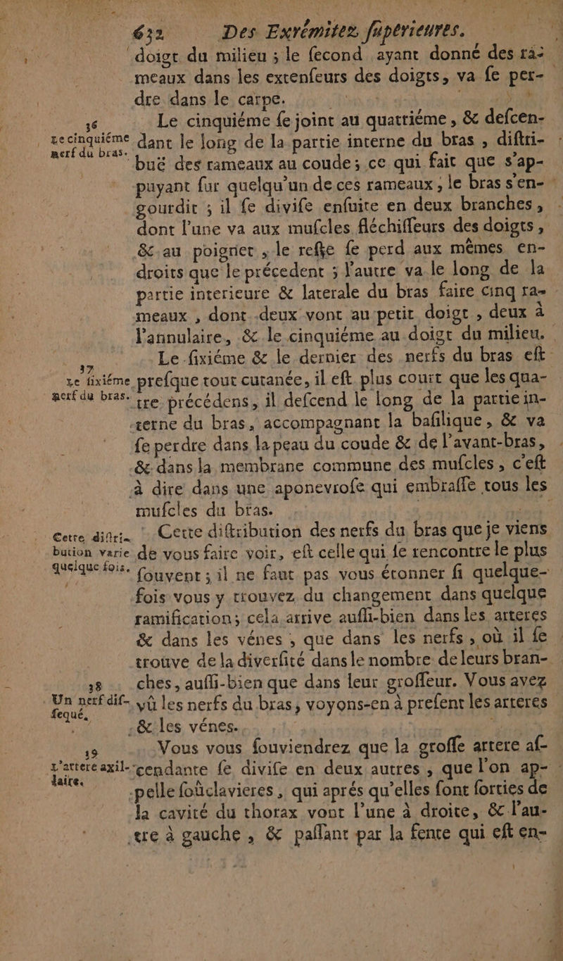 doigt du milieu ; le fecond ayant donné des ra: 0 Ÿ dre dans le carpe. | | 6 Le cinquiéme {e joint au quattiéme, &amp;c defcen- ra. dant le Jong de la partie interne du bras , diftri- 0 buëé des rameaux au coude; ce qui fait que s’ap- } gourdit ; il fe divife enfuite en deux branches, &amp;-au poigrier ; le refje fe perd aux mêmes en- droits que le précedent ; autre va.le long de la prie interieure &amp; Jarerale du bras faire Gnq ra= meaux , dont -deux vont au petit doigt , deux à , 37 rm re fixiéme prefque rout cutanée, il eft. plus cout que les qua- æetf du bras. un LT EF | ‘t “ pe Pare tre précédens, À defcend le long de la partie in- «erne du bras, accompagnant la baflique, &amp; va fe perdre dans la peau du coude &amp; de l’avant-bras, &amp;: dansla membrane commune des mufcles , c'eft mufcles du bras. pi Cerre din. Cette diftribution des nerfs du, bras que je viens bution varie de vous faire voir, elt celle qui fe rencontre le plus quelque fois. fois vous y tiouvez du changement dans quelque ramification; cela arrive aufli-bien dans les arteres &amp; dans les vénes ; que dans les nerfs , où il fe 8 : ches, aufli-bien que dans leur groffeur. Vous avez fequé, ñ | . &amp; les vénes. Fe Vous vous fouviendrez que la grofle artere af- Jaire. UE . . t , À . pelle foûclavieres , qui aprés qu’elles fonc forties de la cavité du thorax vont l’une à droite, &amp; l'au- «re à gauche, &amp; paflant par la fente qui eft en-