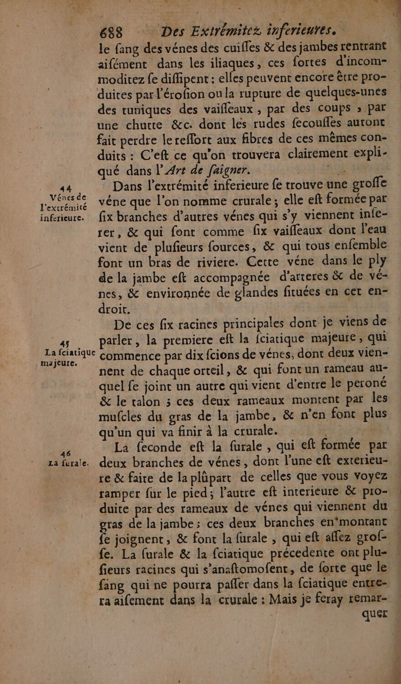 le fang des vénes des cuiffes &amp; des jambes rentrant aifément dans les iliaques, ces fortes d'incom- moditez fe diffipent : elles peuvent encore être pro- duites par l'érofion ou la rupture de quelques-unes des tuniques des vaifleaux , par des coups » par une churte &amp;c. dont les rudes fecoufles auront fait perdre lerefort aux fibres de ces mêmes con- duits : C’eft ce qu'on trouvera clairement expli- qué dans l'Art de faigner. Pr . 44 Dans l'extrémité inferieure fe trouve une groffe LE véne que l’on nomme crurale; elle eft formée par infcrieure. fix branches d’autres vénes qui s’y viennent infe- rer, &amp; qui font comme fix vaiffeaux dont l'eau vient de plufeurs fources, &amp; qui tous enfemble font un bras de riviere. Cette véne dans le ply de la jambe eft accompagnée d'arteres &amp; de vé- nes, &amp; environnée de glandes firuées en cet en- droit. De ces fix racines principales dont je viens de 45 parler, la premiere eft la fciarique majeure, qui ie FR commence par dix fcions de vénes, dont deux vien- nent de chaque orteil, &amp; qui font un rameau au- quel fe joint un autre qui vient d’entre le peroné &amp; le talon 3 ces deux rameaux montent par les mufcles du gras de la jambe, &amp; n’en font plus qu’un qui va finir à la crurale. : À La feconde eft la furale , qui eft formée par za furale. deux branches de vénes, dont l’une eft exterieu- re &amp; faire de laplüpart de celles que vous voyez ramper fur le pied; l’autre eft interieure &amp; pro- | duite par des rameaux de vénes qui viennent du » gras de la jambe ; ces deux branches en‘montant à {e joignent, &amp; font la furale , qui eft affez grof- . fe. La furale &amp; la fciarique précedente ont plu- fieurs racines qui s’anaftomofent, de forte que le fang qui ne pourra pafler dans la fciatique entre- ra aifement dans la crurale : Mais je feray temar- quer