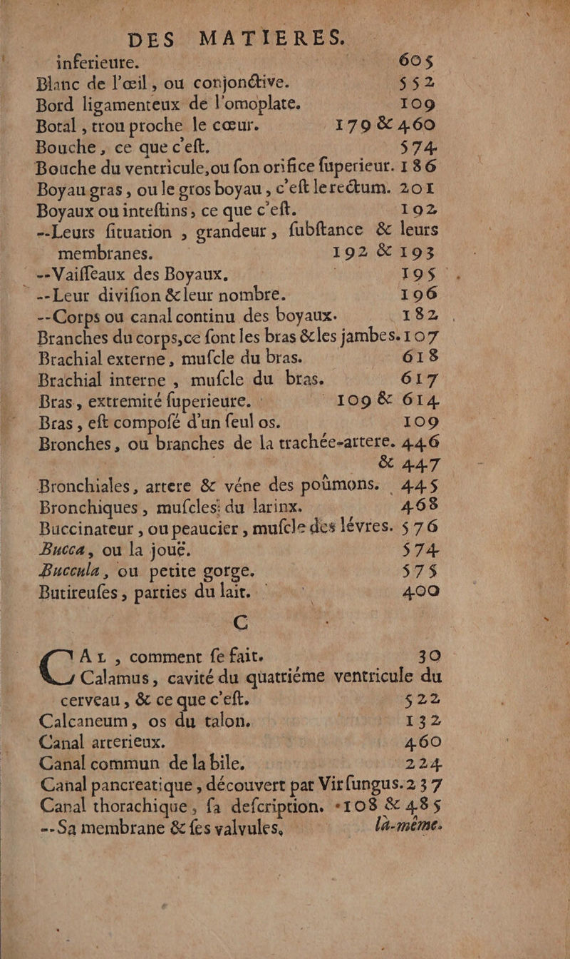 inferieure. | 605 Blanc de l’œil, où conjonctive. $5z Bord ligamenteux de l'omoplate. 109 Bortal , trou proche le cœur. 179 &amp; 460 Bouche, ce que c'eft. 574 Bouche du ventricule,ou fon orifice fuperieur. 1 86 Boyau gras, ou le gros boyau , c'eft lereétum. 201 Boyaux ou inteftins, ce que c'eft. 192 --Leurs fituation , grandeur , fubftance &amp; leurs membranes. 192 &amp; 193 : --Vaifleaux des Boyaux. DOS‘: --Leur divifion &amp;leur nombre. 196 -- Corps ou canal continu des boyaux. ae Branches du corps,ce font les bras êcles jambes.107 Brachial externe, mufcle du bras. RUES Brachial interne , mufcle du bras. 617 Bras, extremité fuperieure. : 109 &amp; 614 Bras , ef compofé d'un feul os. 109 Bronches, ou branches de la trachée-artere. 446 | | | _ &amp; 447 Bronchiales, artere &amp; véne des poùmons. 445 Bronchiques, mufcles: du larinx. 4638 Buccinateur , ou peaucier , mufele des lévres. s 76 Bucca, ou la joué. $74 Buccula, ou petite gorge. 575 Butireufes , parties du lait. 4A0Q | C AL, comment fe fait. 30 Calamus, cavité du quatriéme ventricule du cerveau, &amp; ce que c'eft. $22 Calcaneum, os du talon, 132 Canal arrerieux. 460 Canal commun de la bile, “224 Canal pancreatique , découvert pat Virfungus.2 3 7 Canal thorachique, fa defcription. «108 &amp; 485 - Sa membrane &amp; {es valvules. | la-même.