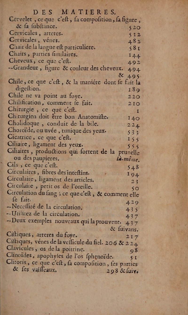Gervelet , ceque c'eft, fa compofition, fa figure &amp; {a fubitance. $20 Cervicales , aftéres. ui $ 32 Cervicales, vénes. | 482 Chair de la langue eft particuliere, s81 Chaïrs, parties fimilaires. 144 Cheveux, ce que c'e. 492 -- Grandeur , figure &amp; couleur des cheveux. 404 | &amp; 495: Chile , ce que c’eft, &amp; la maniére dont fe fair la digeftion. 189 Chile ne va point au foye. 220 Chihification, comment fe fait. 210 Chirurgie , ce que cet. I Chirurgien doit être bon Anatomifte. 140 Cholidoque , conduit de la bile. 224 Choroïde, ou uvée , unique des yeux. 33 Cicatrice, ce que c’eft. 15$ | Ciliaire, ligament des yeux. | RSR Ciliaires , produétions qui fortent de la prunelfe ou des paupieres, __ dé-même. Cils ; ce quec’eft. $ 48 Circulaires , fibres desinteftins. | 194 Circulaire, ligamenc des articles. 23 Circulaire , petit os de l’oreille. | so Circulation du fang ; ce que c'eft, &amp; comment elle fe fair. | A29 -- Neceflité de [a circulation. 435 -- Urilitez de la circulation, 437 --Deux exemples nouveaux quilaprouvent. 437 &amp; {uivans. Ciftiques, arteres du foye. 217 | Ciftiques, vénes de la vefficule du fiel. 206 &amp; 2 24 Clinoïdes, apophyles de l'os fphenoïde. SI Clitoris, ce que c'eft, fa compolñrion, fes parties _&amp; fes vaifleaux, 29 8 &amp;uive ES