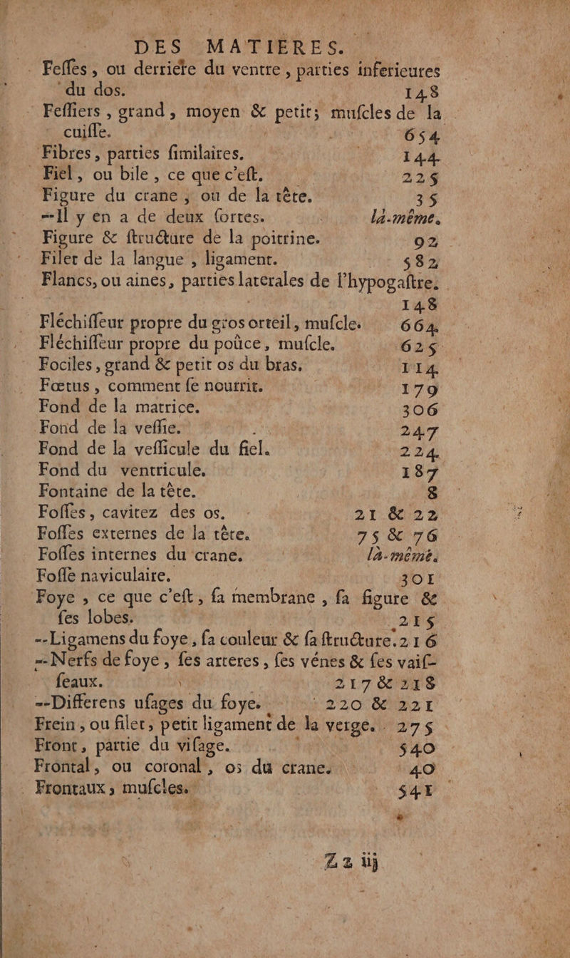 | DES MATIERES. - Feffes, ou derriere du ventre, parties inferieures du dos. 148 : Feffiers , grand, moyen &amp; petit; mufcles de la cuifle, 654 Fibres, parties fimilaires, 144 Œbt, ou bile , ce qiec'elt. 11 22$ Figure du crane , ou de la tête. 35 Il y en a de deux (ortes. la-même. _ Figure &amp; ftrudtüure de la poitrine. 02 ‘- Filec de la langue , ligamenr. FLE 682 Flancs, ou aines, parties laterales de l’hypogaftre. 148 : Fléchiffeur propre du g'os orteil, mufcle. 56) . Fléchiffèur propre du poûce, mufcle. 62$ : Fociles, grand &amp; petit os du bras, 114 Fœtus, comment fe noutrit. SM 7 9 Fond de la matrice. 306 Fond de la veñle. Fa 2AT Fond de la veflicule du fel. 224. Fond du ventricule, | 187 Fontaine de la tête. 8 Foffés, cavitez des os. 21 &amp; 22 Foffes externes de la tête. 75 &amp; 76 Foffes internes du crane. la-même. Foffe naviculaire. 3OI Foye , ce que c’eft, fa membrane , fa figure &amp; fes lobes. are - Nerfs de foye , fes arteres , fes vénes &amp; fes vaif- feaux. | 217 8&amp; 218 --Differens ufages du foye. 220 NS Frein , ou filer, petit ligament de la verge. 275 . Front, partie du vifage. 4 ; $40 Frontal, ou coronal, o5 du crane. 40 . Frontaux,; mufcles. VE * Zz üj De,