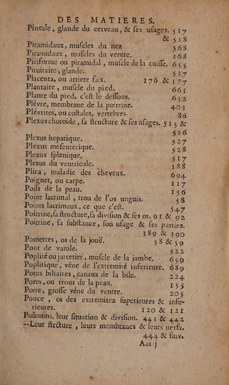 _ MLD ! Ne Jean. D AT VA k PE | &lt; D | é DES MATIERES Pinéale, glande du cerveau, &amp; fes ufages. s1&gt; - Piramidaux, mufcles du nez . 568 Piramidaux , mufcles du ventte. 168 Pituiraire, glande. me 4 Placenta, ou arriere fix. 176 &amp; 177 Plantaire , mufcle du pied. G6I Plante du pied, c’eft le deflous. Gi Plévre, membrane de la poitrine. 403 Plévrites, ou coftales, vertebres. 86 Plexus choroide , fa ftructure &amp; fes ufages, S 15 &amp; Fin. CARRE S16 Plexus hepatique. | 2 s27 Plexus mefenterique. | 528 Plexus fplenique, S17 Plexus du ventricule. “ USS Plica, maladie des cheveux. 694. Poigner, ou carpe. 117 Poils ‘de 1a peau. | 156 Point lacrimal , trou de l'os unguis. Fi Points lacrimaux, ce que c’eft. A7 $ Poitrine, fa ftruture,G divifion &amp; fes os. o 1 &amp; 02 389 &amp; 390 Pomettes , os de la joué. S8&amp;s9 Pont de varole. | $ 22 Poplité ou jarretier , mufcle de la jambe. 659 Poplitique , véne de l’extremiré inferieure. 689 Pores biliaires , canaux de la bile. 224. Pores,ou trous de la peau. 155 Porte, grofle véne du ventre. Re Pouce , os des extremitez fuperieures &amp; infe- - rieures. HN T2O.&amp; TT Poümons, leur fituation &amp; divifion. 44 1 &amp; 442 sLeur ftrture , leurs membranes &amp; leurs nerfs. AUS | 44.4. &amp; fuivs