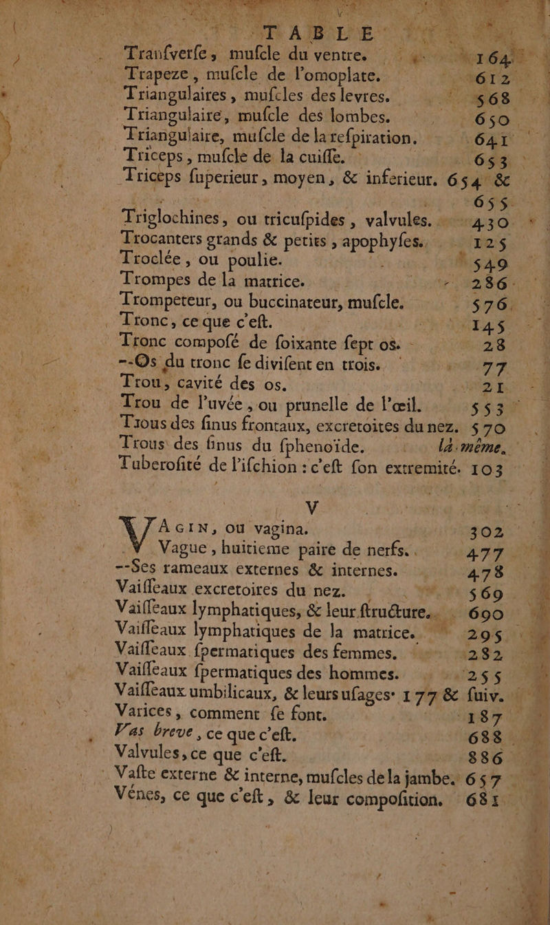 Rs... # LAN he ete À SEC Le LS \. | 655$. Triglochines, ou tricufpides, valvulés. 430 * Trocanters grands &amp; petics , apophyfes. 1 1 EU Troclée, où poulie. NUE _$49 Trompes de la matrice. Ste an Trompeteur, ou buccinateur, mufcle. $76. . Tronc, ce que c’eft. RC TRES Tronc compofé de foixante fept os. : 128 --Os du tronc fe divifent en trois. ‘2/77 Trou, cavité des os. A SAINS Trou de l’uvée , ou prunelle de l'œil. s$3# Tous des finus frontaux, excretoites dunez. 570 .. Trous des finus du fphenoïde. la meme. Tuberofité de l'ifchion : c’eft fon extremité. 103 # V À GIN, Où vagina. 302% _V Vague, huitieme paire de nerfs. . 477 0% --$Ses rameaux externes &amp; internes. A7S 52 Vaifleaux excretoires du nez. PE POSCO LR Vailleaux lymphatiques, &amp; leur ftructure… 690 Vaifleaux lymphatiques de la matrice. 295. # Vaifleaux fpermatiques des femmes. + 282 i Vaifleaux fpermatiques des hommes. : 255 Vaifléaux umbilicaux, &amp; leurs ufages* 177 &amp; fuiv. : “M Varices, comment {e font. 128 7 SR Was breve , ce que c’eft. | 688 Valvules, ce que c'eft. 886 … … Vafte externe &amp; interne, mufcles de la jambe. 657 {4 Vénes, ce que cet, &amp; leur compofition, 681 DA |