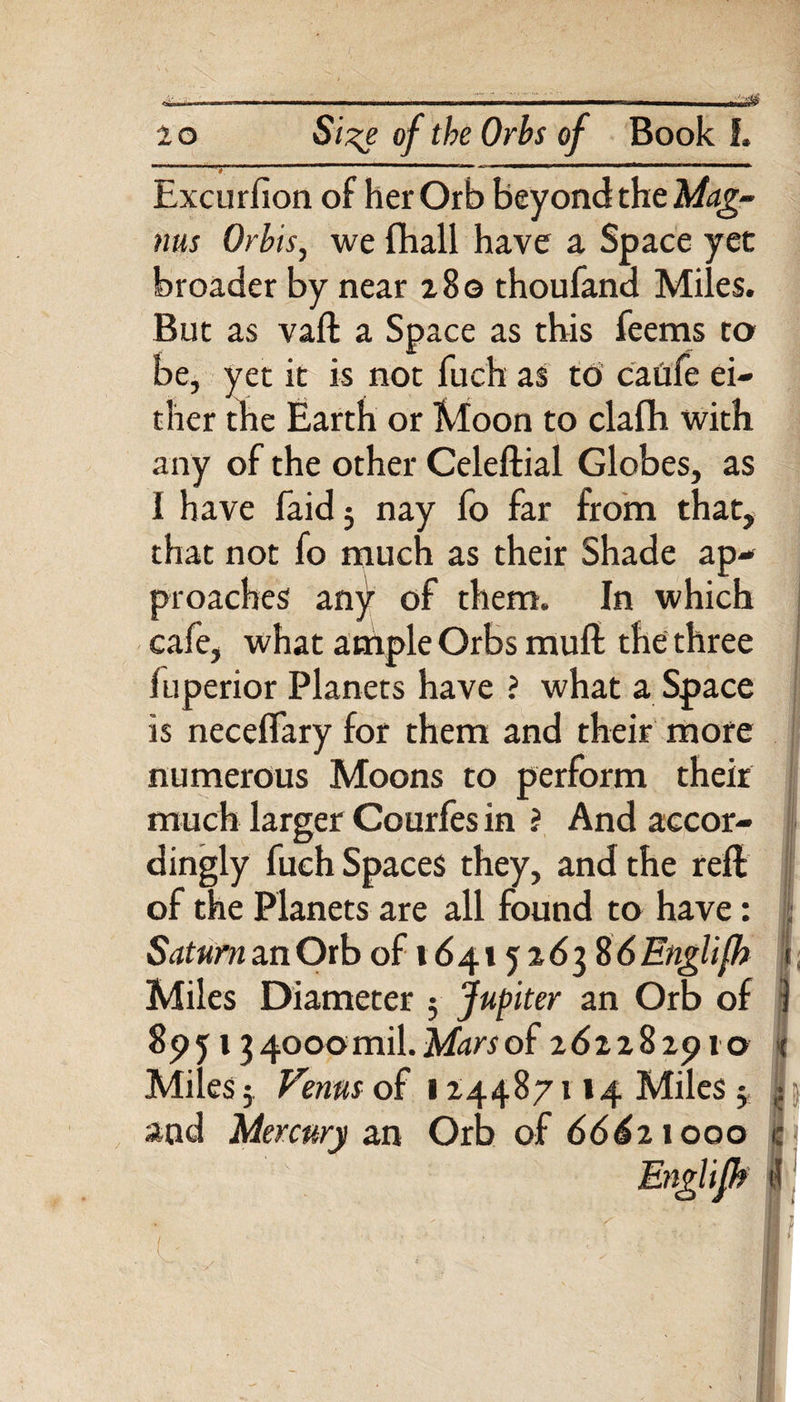 ---—.—.—i— ... ■ 2 o Size of the Orbs of Book !. * Excurfion of her Orb beyond the Mag¬ nus Orbis, we fhall have a Space yec broader by near 280 thoufand Miles. But as vaft a Space as this feems to be, yet it is not fuch as to catiffe ei¬ ther tbe Earth or Moon to clafli with any of the other Celeftial Globes, as I have faidj nay fo far from that, that not fo much as their Shade ap¬ proaches any of them. In which cafe, what ample Orbs mull the three luperior Planets have ? what a Space is necelfary for them and their more numerous Moons to perform their much larger Courfes in ? And accor¬ dingly fuch Spaces they, and the reft of the Planets are all found to have: Saturn an Orb of 16 415 2 6 3 8 6 Englifh f; Miles Diameter ; Jupiter an Orb of | 89513 4°oomil. Mars of 161182910 &lt; Miles 5 Venus of i 24487114 Miles 5 a and Mercury an Orb of 66621000 c Englifh il