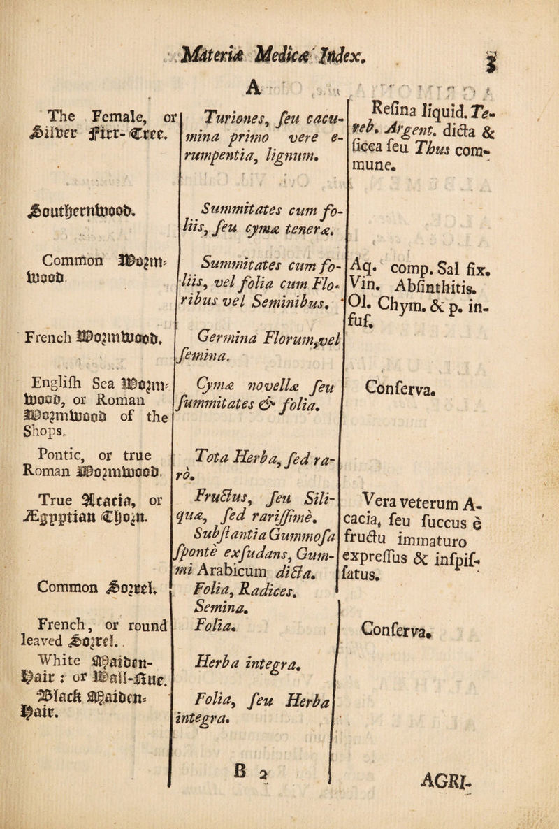 t e t *·* ji- The briber Female, or tfitr- Crre. Mitem Medic* Index. A,· . « , . ■ ' ' * . : — f ‘ y e'*·&gt;·* V r , T . , ,, Refina liquid. Te» reb. Argent, dicta &amp; ficca feu Thus com» ^outijrrntDoolj. * J ?s » v !**' * ' V Common toaoti . F French ISJojmtocsoiu ^ \ &lt; Λ'· _ &gt;·■ - /I * f- . , ·. • &lt; ’· ■ * * *· ' Englilh Sea Sl&amp;ojttt* tUPOD, or Roman ®c?mtuoo0 of the Shops. Pontic, or true Roman True 36cacia, or -ffigpptian €i)o^tt Turiones9 feu cacu¬ mina primo vere e- rumpentia, lignum. mune· Summitates cum fo- His, feu cyma tenera. Summitates cum fo¬ liis ^ vel folia cum Flo* ribus vel Seminibus. Germina Florum,vel femina, Cyma novella feu fummitates &amp; folia. ^&lt;3· comp. Sal fix. , * in. Abfinthitis. !?*. Chym. &amp; p. in- fuf. Conferva. Common Jmjrd, French, or round leaved ^O^rrf.. White fl^aifem- l|air: or JE&gt;ai!-|iur. 251acfi S^aihciii Ijair. ro. Tot a Herba, fed ra- FruSus, feu Sili¬ qua, fed rariffime. Subfantia Gummofa fponte exfudans, Gum- mi Arabicum diQa. Folia, Radices. Semina. Folia. / Herba integra. Folia, feu Herba integra. Vera veterum A- caciaf feu fuccus e frudu immaturo expreiTus δζ infpif. fatus. J Conferva· β a AGKI-