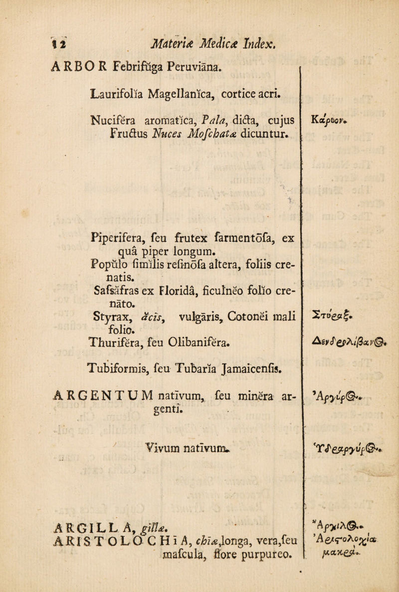 ♦ ARBOR Febrifuga Peruviana. Laurifolia Magellanica, cortice acri. Nucifera aromatica, Pala, difta, cujus Frudus Nuces Mofchata. dicuntur. Piperifera, feu frutex farmentofa, ex , qua piper longum. Populo fimilis refinofa altera, foliis cre- natis. Safsafras ex Florida, ficulneo folio cre- nato. Styrax, acis, vulgaris, Cotonei mali Χτό&amp;ιξ· folio. Thurifera, feu Olibanifera. Δ&gt;ίϊ£'ζρλίβ&lt;χν@* Tubiformis, leu Tubaria Jamaicenfis. ARGENTUM nativum, feu minera ar¬ genti. ’’Apyip'Sl·· Vivum nativum. 'TJ'c?fyvc&amp;. ARGILL A, gilU. ARI'S T O LO C H i A, chia,longa, vera,feu mafcula, flore purpureo. Ά QfcfoXcyia.