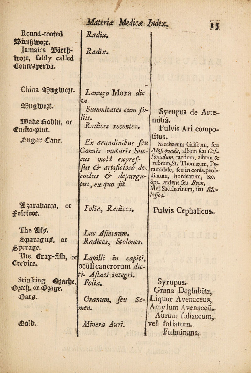Round-rooted Jamaica 25itt§- tuojf, falily called Contrapettia» Materia Medica r· Radix. Radixφ China Sl^aginojt. j Lanu?0 Moya die ta. Summitates cum fo¬ liis* Radices recentes* fi^ugtoojiv i@afte itohin, or Curif 0-pint &amp;u$at Cant SEyatatmcra, or 3poicfoot. Ex arundinibus feu Iannis maturis Sue¬ bus moli expref \fus &amp; artificiose de* IcoBus 0* depurga- I Pus, ex quo fit Folia, Radices* Syrupus de Arte- miiia. Pulvis Ari compo- fitus. Saccharum Griieum, feu ■Mofcovade^ album feu Caf~ fonadum, candum, album 8c rubrum,St. Thoma2um, Py¬ ramidale, ieu in conis,peni- diatum, hordeatum, &amp;c. Spt. ardens ieu Rum^ Mel Saccharinum, feu Me°* lajjos. Pulvis Cephalicus^ hac Afininum* Radices, Stolones* The 3BGL &lt;*%aragu&amp; or jgperage. The Crap-fifli, ori Lapilli in capiti, Cretoict. loculi cancrorum dic- „ . , . Iti* A/laci integri. Simlbuff «®?acljc Mia. ®pt% or #?age. Granum, feu Se- Imen* C$Oi&amp; Minera Anri* Syrupus, Grana Deglubzta^ Liquor Avenaceus,, Amylum AvenaceiL Aurum foliaceum, vel foliatum, Fulminans