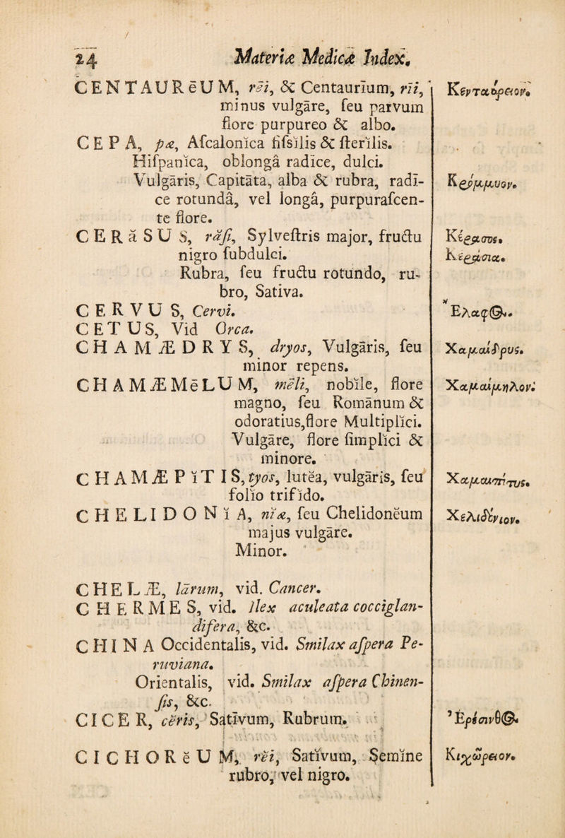 CENTAUReUM, rsi, <3c Centaurium, rii, minus vulgare, feu parvum fiore'purpureo &amp; albo. CEPA, Afcalonica fifsilis δζ fterilis. Hifpanica, oblonga radice, dulci. Vulgaris, Capitata, alba δί rubra, radi¬ ce rotunda, vel longa, purpurafcen- te flore. C E R a S U S, rafi, Sylveilris major, frudu nigro fubdulci. Rubra, feu frudu rotundo, ru^ bro, Sativa. C E R V ϋ S, Cervi. CETUS, Vid Orca. CHAMiEDRYS, dryos, Vulgaris, feu minor repens. CH AM^MeLUM, meli, nobile, flore magno, feu Romanum δί odoratius,flore Multiplici. Vulgare, flore fimplici δί minore. CHAMiEPiTIS, tyos, lutea, vulgaris, feu folio trifido. CHELIDONIA, riia, feu Chelidoneum majus vulgare. Minor. C Η E L JE, larum, vid. Cancer. C HERMES, vid. Ilex aculeata cocciglan- difera, &amp;c. C Η ί N A Occidentalis, vid. Smilax afpera Pe¬ ruviana. Orientalis, vid. Smilax afpera Chinen- fis, Scc. CICER/ ceris Sativum, Rubrum. > v CICHOReU Mi r$i, Sativum, Semine ; rubro, vel nigro. UGVt Κί^μανς, K igJgLOlQt,. Ελαφ©*. 'XcLfJLOuf'pUS. Χαμαίμηλον^ ΧαμοΑστίτυε· Χίλ.ι$ϊνιον% * ίίρίσινΰ©* Κ ι^ωρ&amp;ον·