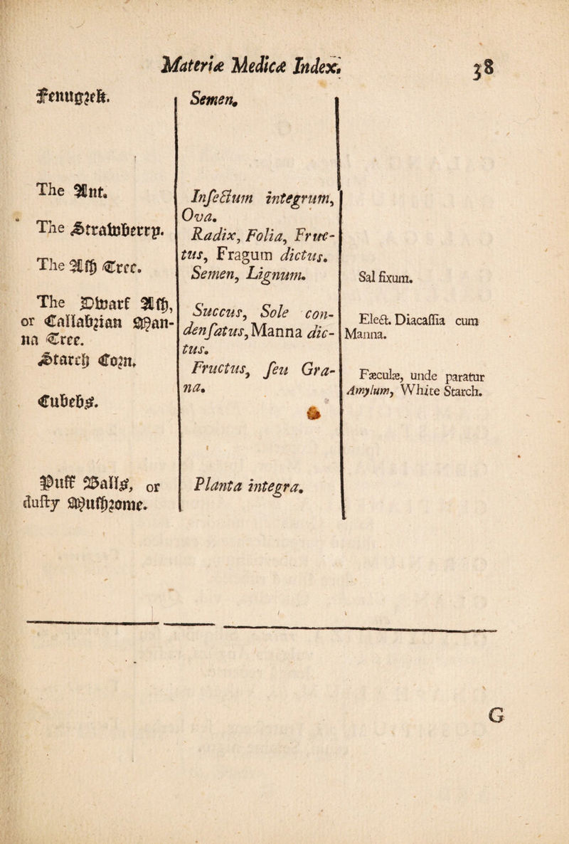 J ffltugjfit. Materi* Medic* Index, Semenm The 58nt. The ^tratoBircp. The ^Ιφ €rfC. The £toarf 3ΐφ, or Callatyian ^an¬ na Crce. jStarci) Cojit, Cuheh.sf. InfeBum integrum, Ova. &amp; ' Radix, Folia, Fruc¬ tus, Fragum dictus. Semen, Lignum. Succus, Sole con- denfatus,M.a.nm. dic¬ tus. Fructus, feu Gra¬ na. Sal fixum. Eleft. Diacaflia cum Manna. Facula, unde paratur Amylum, White Starch. »uffi»aH*, or ftufty Planta integra. G