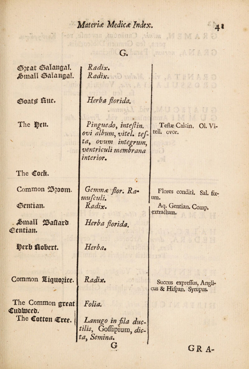 <g5’cat ©alatigal Urnali Φαϊαηοοί. <0oat£ iiue. The ^rlt. X The €ocft. Common 253aom. «Bcittiait. . Urnali 25affar&amp; Ccntian. $crb JSoficri. Common Eiquo^ice. *■ The Common great Cutitoeetr. / » The Cotton €ree. Mdteri# Medic# Index, 41 Radix. Radix. > Herba florida. Pinguedo, inteflin» ovi album, ίζ/1 ta, ovum integrum,, ventriculi membrana interior· Gemma flor. Ra· mufculi. Radix. Herba florida. Herba» Radix» Tefbe Calcin, Ol. Vi- teli. ovor. Flores conditi. Sal. fix- um. Aq. Gentian, Comp, extraaum. Succus expreiTus, Angli® cus &amp; Hiipan, Syrupus» Folia. Lanugo in fila duc¬ tilis, Goffipiuro, dic¬ ta, Semina. G gr a-