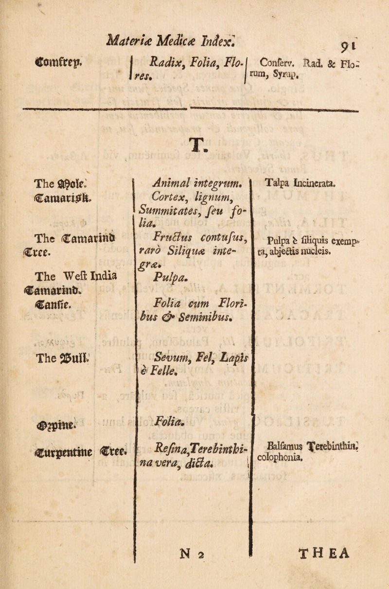 Comfrep. The flgolK ®atwan$fc ' ‘ } *■ » » The iCematittfj €«c. The Weft India CamatiiiiJ» €anfie. i } - ■ £ £ ;■?· Λ ύ _ ;^ v ···-·. ; ■ i The S5uH. φ$ίικ. iCtttpentine €m. pi Radix, Folia, Flo-1 Confer/. Rad. &amp; Flo¬ res. I rum, Syrup, Animal integrum· Cortex5 lignum, Summitates, jfo- lia* FruBus contufus5 Siliqua inte- Pulpa· Folia cum Flori- bus &amp; Seminibus· Sevumy Felf Lapis e Felle. Talpa Incinerate» Folia* ReJtna,Terebin$hi* na vera9 S3 a* 1 Pulpa b iiliquis exempt ta, abjetis nucleis» N 2 Balfamus Terebinthin» colophonia. thea
