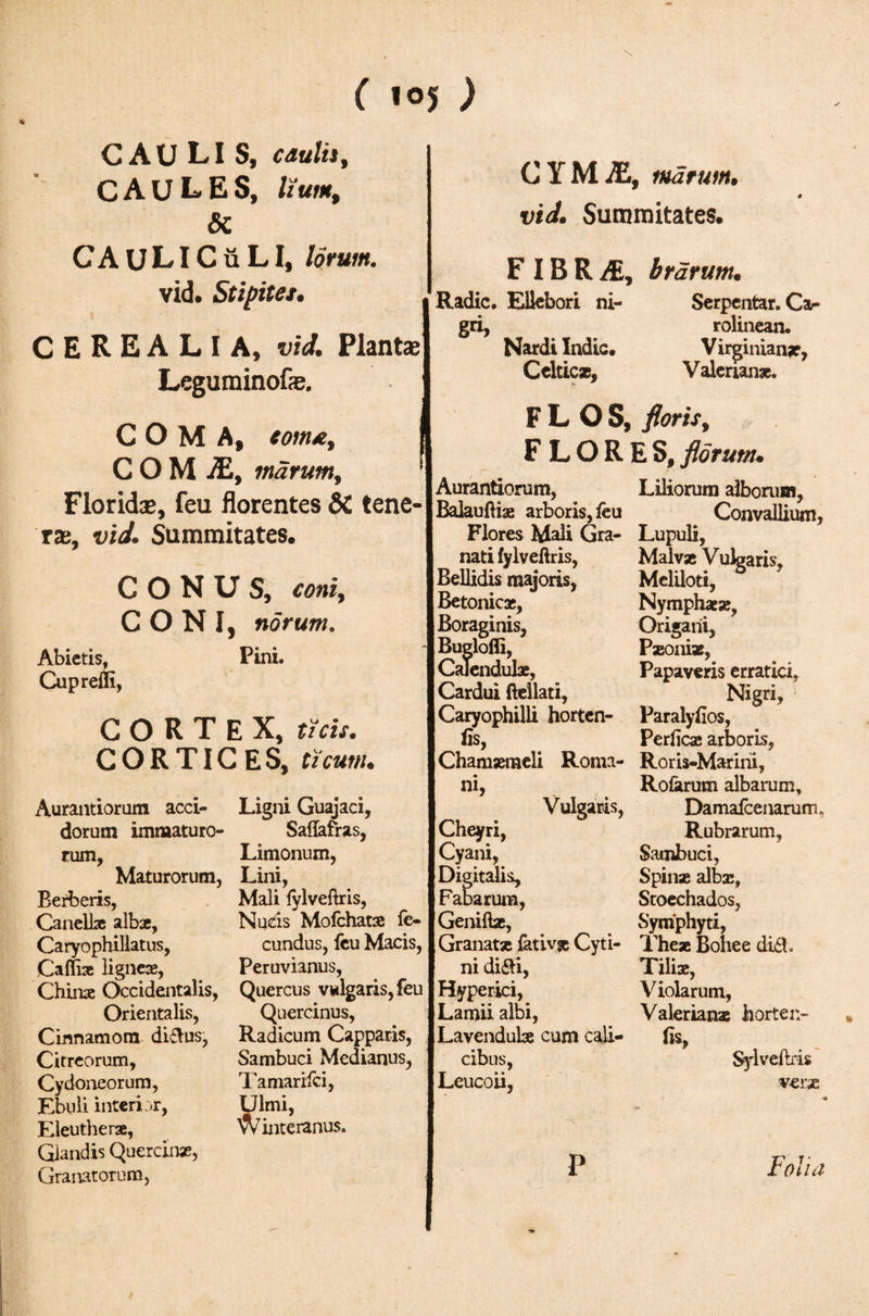 ( »05 ) CAU LI S, caulii, C A U L E S, hum, &amp; CAULICuLI, lorum. vid. Stipites. CEREALIA, vid. Plant* Leguminofe. COMA, tom#, COM jE, marum, Florid*, feu florentes Si tene¬ ra;, vid. Summitates. CONUS, coni, CONI, norum. Abietis, Pini. Cuprefli, CORTEX, this. CORTICES, tzcum Aurantiorum acci- dorum immaturo¬ rum, Maturorum, Berberis, Canell* albx, Caryophillatus, C affix lignex, Chinx Occidentalis, Orientalis, Cinnamom di&amp;us, Citreorum, Cydoneorum, Ebuli interior, Eleutherx, Glandis Querclnx, Granatorum, Ligni Guajaci, Saflafras, Limonum, Lini, Mali iylveilris, Nucis Moichatx fe¬ cundus, icu Macis, Peruvianus, Quercus v«lgaris,feu Quercinus, Radicum Capparis, Sambuci Medianus, Tamarifci, Ulmi, ^interanus. CYMjE, marum, vid. Summitates. Radie, F IB R iE, brarum. Ellebori ni- Nardi Indic· Celtics, Serpentar. Ca- rolinean. Virginian*, Valerian*. FLOS, floris, FLORES, florum. Aurantiorum, Balauftix arboris, ieu Flores Mali Gra¬ nati fylveftris, Bellidis majoris, Betonicae, Boraginis, Buglofli, Calendulas, Cardui ftellati, Caryophilli horten- fis, Chamaemeli Roma¬ ni, Vulgaris, Cheyri, Cyani, Digitalis, Fabarum, Geniftx, Granatx fktiv* Cyti- ni di&amp;i, Hyperici, Lamii albi, Lavendube cum cali¬ cibus, Leucoii, p Liliorum alborum, Convallium, Lupuli, Malvae Vulgaris, Meliloti, Nymphaeae, Origani, Paeoniae, Papaveris erratici, Nigri, Paralyfios, Perficae arboris, Roris-Marini, Rofarum albarum, DamaicenarufTL Rubrarum, Sambuci, Spinae albx, Stoechados, Symphyti, The* Bohee di&lt;5t. Tiliae, Violarum, Valerian* horte i&gt; fis, Sylveftris ver* Folia