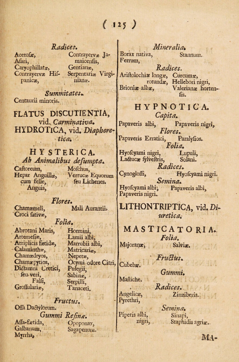 ( **5 ) Radicer. Acetofe, Contrayerv® Ja- Afari, maiceniis, Caryophillatae, Gentianae, Contrayervse Hif- Serpentari* Virgi- panicse, nianae. i Summitates* Centaurii minoris. FLATUS DISCUTIENTIA, vid. Carminativa, HYDROTlCA, vid.Diaphore- Uca· hysterica. Ah Animalibus defumpta* Caftoreum, Mofchus, Hepar Angudl*, Verrucas Equorum cum felle. feu Lichenes. Anguis, Flores. Chamaemeli, Mali AurantiL Croci fativae, Folia. Mineralia· Borax nativa, Stannum, Ferrum, Radices. Ariftolochiae longae, Curcumae, rotundae, Hellebori nigri, Brioniae albae, Valerianae horten- iis. i HYPNOTICA. Capita. Papaveris albi. Papaveris nigri. Flores. Papaveris Erratici, Paralyfios. Folia· Hyoicyami nigri, Lupuli, La&amp;ucae iylveftris, Solani* Radices. Cynogloffi, Hyoicyami nigri. Semina. Hyoicyami albi^ Papaveris albi. Papaveris nigri* LITHONTRIPTICA, vid .DI nretica. Abrotani Maris, Hormini, Artemeiiae, Lamii albi, Atriplicis fetidae. Marrubii albi, Calaminthae, Matrieari*, Chamaedryos, Nepetae, Chamaepytios, Ocymi odore Citri, Dldamni Cretici, Pulegii, feuveri, Sabin*, Falii, Serpilli, Groffulariae, Tanaceti. • r - ' *■ · ■*·· · · Fructus. Oila Da&amp;ylorum. MASTICATO RI A* Folia, Majoranae, Salviae, FriiBus. Cubebae. Gumini· Maftiche. . ’■ Radices. Angelicae, Zinziberis., Pyrethri, Semina. Gummi Refinx. Affa-faetida, Opoponay, Galbanum, Sagapenum, Myrrha, &lt; Piperis albi, nigri, Sinapi, Staphidis agriae