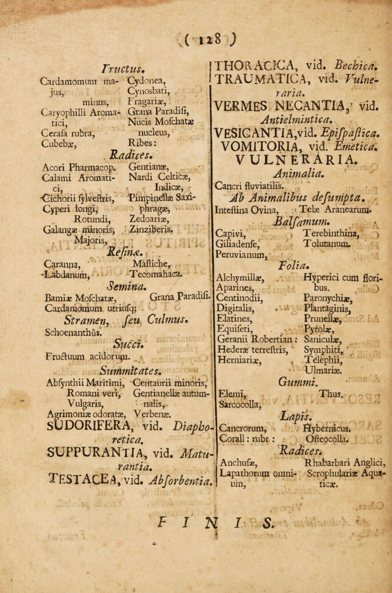 ( ) Fructus. Cardamomum ma- Cydonea, jus, Cynosbati, minus, Fragari#, Caryophilli Aroma- Grana Paradiii, tici, Nucis Mofchat# Cerafa rubra, nucleus, Cubeb#, Ribes: Radices· Acori Pharmacop. Gentianae, Calami Aromati¬ ci, mm \ . . •Cichorii iylveftris, Cyperi longi, Rotundi, Galang# minoris^ Majoris, Caranna, -Labdanum, Nardi Celtic#, Indicae, Fimpineil# SaXx- phragae, Zedoariae, Zinziberis. i !THORACICA, vid. Bechica. I TRAUMATICA, vid. Vulne- raria. VERMES NECANTIA, vid. Antielmintica. VESICANTiA,vid. Epifpajica. VOMITORIA, vid. Emetica. VULNERARIA. Animalia. Cancri fluviatilis. Ab Animalibus defumpta. Inteftina Ovina, Telae Aranearum. namum. T erebinthina, &gt; Tolutanum. Capivi, Giliadenfe, Peruvianum,' ima. i . Mafliche, Tecomahaca. Semina. / &lt; _ Bamiae Mofchatae, Grana Paradiii. I Centinodii, Cardamomum utriufq; [Digitalis, Stramen, feu Culmus. Elatines, Schoenanthiis. . |Equifeti Alchymillae, Aparines, 1 Herman#. ■ * Fru&amp;uum acidorum. Summitates. Abfynthii Maritimi, Centaurii minoris, Romani veri, Gentianellae autum- I Elemi, e Vulgaris, naiis, lSarcocolla, Agrimoniae odorat#, Verben#. SUDORIFERA, vid. Diapho -I Cancrorum, retica. I Corall: rubr SUPPURANTIA, vid. Mato- Folia. Hyperici cum flori¬ bus. ) Paronychiae, Plantaginis, Prunellae, Pyrolae, I Geranii Robertian : Saniculae, IHeder# terreftris, Symphiti, Telephii, Ulmari#. Gummi. Thus. . rantia. testacea, vid. ji/ot 'bentia. Lapis. Sybernicusi Ofteocolla. Radices. Anchufae, Rhabarbari Anglici, Lapathorum omni- Scrophulari# Aquat¬ um, tie#. FINI S.