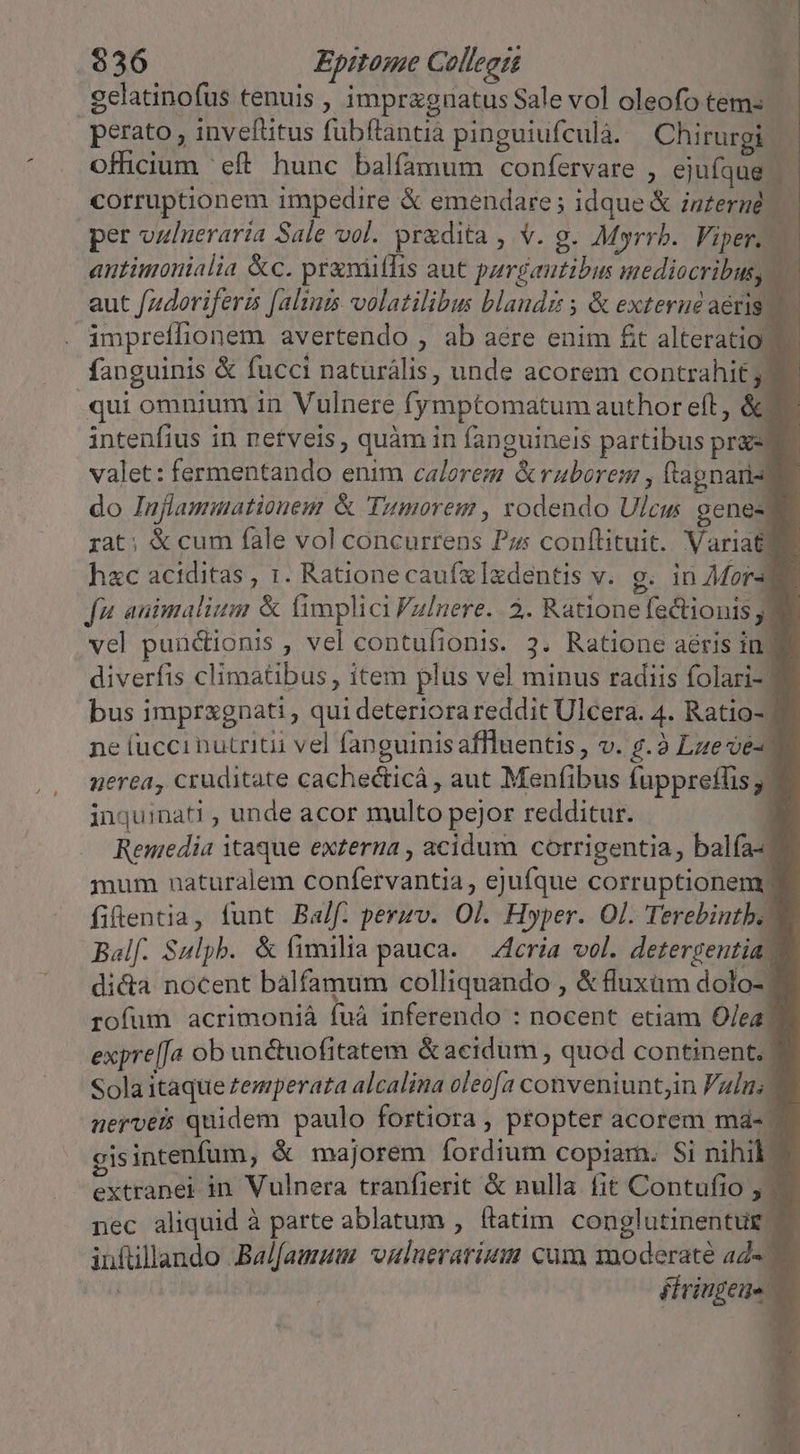 .gelatinofus tenuis , impragnuatus Sale vol oleofo tems perato , invefttus fubftantia pinguiufculà. Chirurgi — officium 'eft hunc balfamum confervare , ejufque . corruptionem impedire &amp; emendare; idque &amp; igzernd. per vzlneraria Sale vol. przdita , V. g. Myrrb. Viper. —. autimouialia &amp;c. pramiifis aut purgautibus mediocribus, ij aut fadoriferis [alins volatilibus blandz &amp; exterue aéris ) ampreífionem avertendo , ab aere enim £t alteratio? fanguinis &amp; fucci naturális, unde acorem contrahit, 7. qui omnium in Vulnere fymptomatum author eft, &amp;. intenfius in netveis, quàm in fanguineis partibus prae valet: fermentando enim calorem &amp;rauborem , ftapnan-me do Inflamuationem &amp; Tumorem , vodendo Ulcus genes! rat; &amp; cum fale vol concurrens Pus conftituit. Variat hxc aciditas , 1. Ratione caufzledentis v. g. in Moral fu animalium &amp; fimplici Fulnere.. 2. Ratione fectionis j] vel puüctionis , vel contufionis. 3. Ratione aéris inj diverfis climatibus, item plus vel minus radiis folari-| bus imprxgnati , qui deteriora reddit Ulcera. 4. Ratio: ne (uccinutritii vel fanguinis affluentis , v. g.3 Lzeve-. nerea, cruditate cachecticá , aut Menfibus fuppreflis ; inquinati , unde acor multo pejor redditur. 1 Remedia itaque externa , acidum corrigentia, balfa«? mum naturalem confervantia , ejufque corruptionem | fiflentia, funt Ba/f. perzv. Ol. Hyper. Ol. Terebintb. | Balf. Sulpb. &amp; (fimilia pauca. — A4cria vol. detergeutia: di&amp;a nocent balfamum colliquando , &amp; fluxum dolo- | rofum acrimoniá fuá inferendo : nocent etiam Olea: expre[[a ob unctuofitatem &amp;aciduüm , quod continent, Sola itaque zezperata alcalina oleofa conveniunt;in Falun; nervei quidem paulo fortiora , propter acorem md- | gis intenfum, &amp; majorem fordium copiam. Si nihil - extranei in Vulnera tranfierit &amp; nulla. fit Contufio ; | nec aliquid à parte ablatum , ftatim conglutinentur | iuftillando .Ba/famuin ouluerariui cum moderaté aZ« ^ | Firiugeues