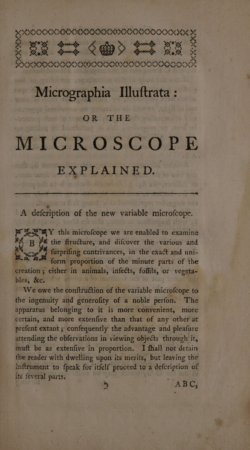 SON MK MARA RKO ARE RRM EMA w* %, * eS it 2 &gt; pa eS Sy ra . RaSh, aroow Ba : wt “% oot +4 ? ot ai a a a a Ca a a oa as hae ha free hese a aie ae a Ra 64 ss ed et ee ne Pe te PE tt PE Tg ne a te ee Mee! PP ee on e Micrographia Illuftrata : MICROSCOPE EXPLAINED. A defcription of the new variable microfcope. 7* Sesh AY this microfcope we are enabled to examine fe B i the ftructure, and difcover the various and fete ot furprifing contrivances, in the exaét and uni- | form proportion of the minute parts of the creation ; either in animals, infects, foffils, or vegeta- bles, &amp;c. | We owe the conftruétion of the variable microfcope to the ingenuity and generofity of a noble perfon. The apparatus belonging to it is more convenient, more certain, and more extenfive than that of any other at prefent extant ; confequently the advantage and pleafure attending the obfervations in viewing objects through it, muft be as extenfive in proportion. I fhall not detain the reader with dwelling upon its merits, but leaving the inftrument to fpeak for itfelf proceed to a defcription of its feveral ‘oa on 3 “ABC,