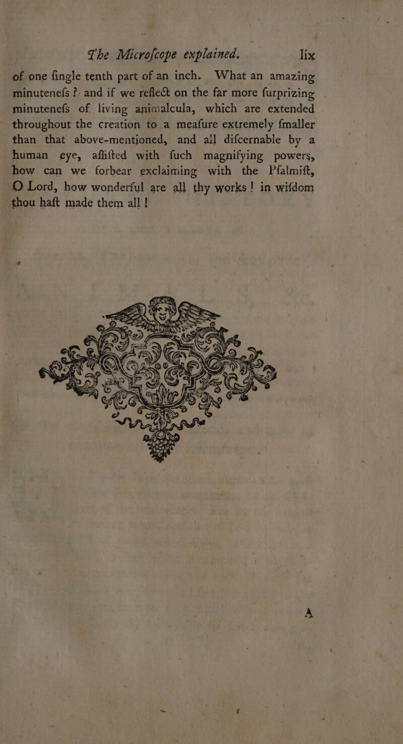 of one fingle tenth part of an inch. What an amazing minutenefs ?) and if we reflect on the far more furprizing minutenefs of living animalcula, which are extended throughout the creation to a meafure extremely {maller than that above-mentioned, and all difcernable by a human eye, aflitted with fuch magnifying powers, how can we forbear exclaiming with the Pfalmift, O Lord, how wonderful are all thy works! in wifdom thou haft made them all !