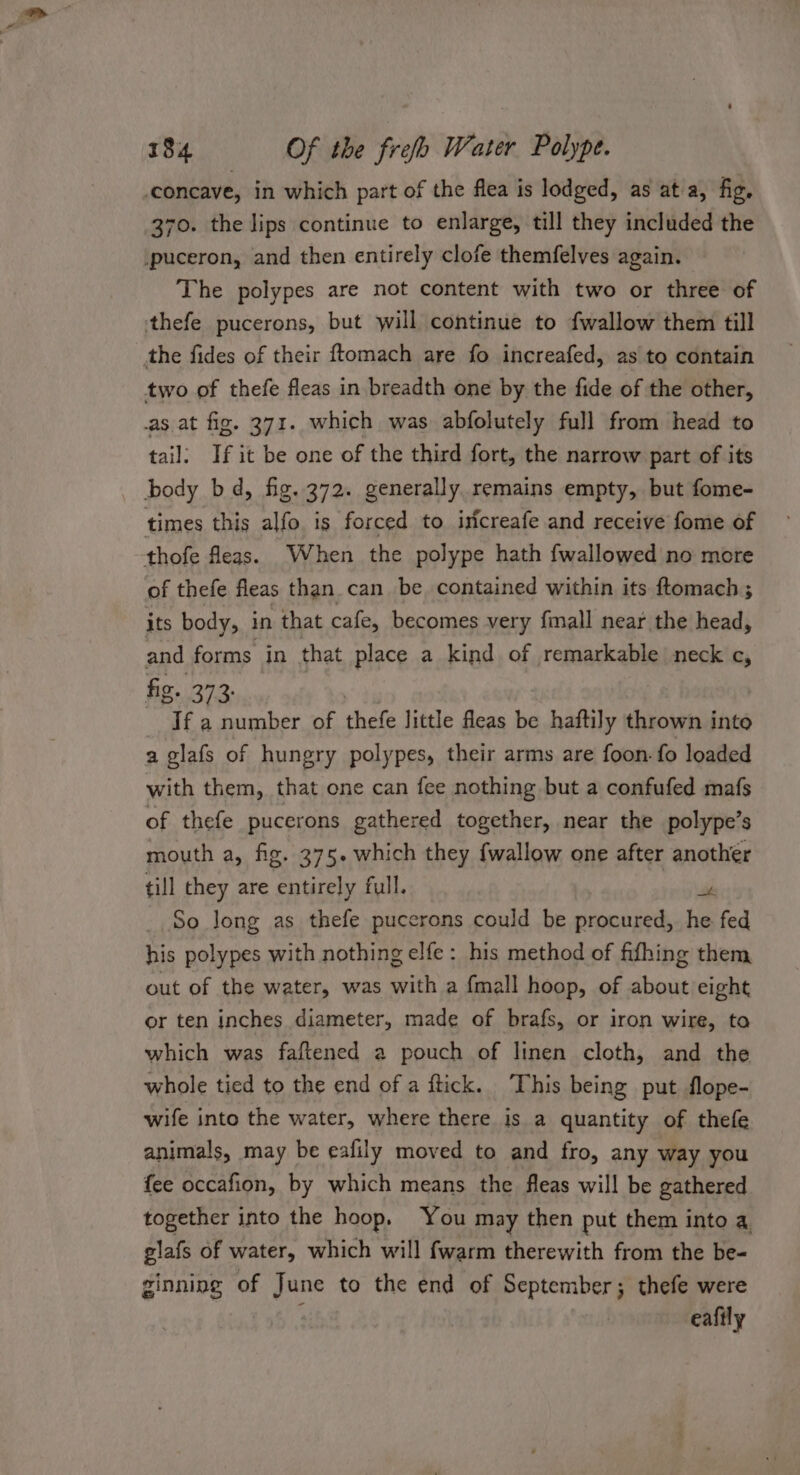 concave, in which part of the flea is lodged, as at a, fig, 370. the lips continue to enlarge, till they included the ‘puceron, and then entirely clofe themfelves again. The polypes are not content with two or three of thefe pucerons, but will continue to fwallow them till the fides of their ftomach are fo increafed, as to contain two of thefe fleas in breadth one by the fide of the other, as at fig. 371. which was abfolutely full from head to tail: If it be one of the third fort, the narrow part of its body bd, fig. 372. generally remains empty, but fome- times this alfo is forced to isicreafe and receive fome of thofe fleas. When the polype hath fwallowed no more of thefe fleas than can be contained within its ftomach ; its body, in that cafe, becomes very {mall near the head, and forms in that place a kind of remarkable neck c, fig. 373 “Tf a number of thefe little fleas be haftily thrown into a glafs of hungry polypes, their arms are foon. fo loaded with them, that one can fee nothing but a confufed mafs of thefe pucerons gathered together, near the polype’s mouth a, fig. 375. which they {wallow one after another till they are entirely full. i _ So long as thefe pucerons could be procured, he fed his polypes with nothing elfe : his method of fifhing them out of the water, was with a {mall hoop, of about eight or ten inches diameter, made of brafs, or iron wire, to which was faftened a pouch of linen cloth, and the whole tied to the end Be a ftick. This being put flope- wife into the water, where there is a quantity of thefe animals, may be eafily moved to and fro, any way you fee occafion, by which means the fleas will be gathered together into the hoop. You may then put them into a glafs of water, which will fwarm therewith from the be- ginning of June to the end of September; thefe were ; eafily
